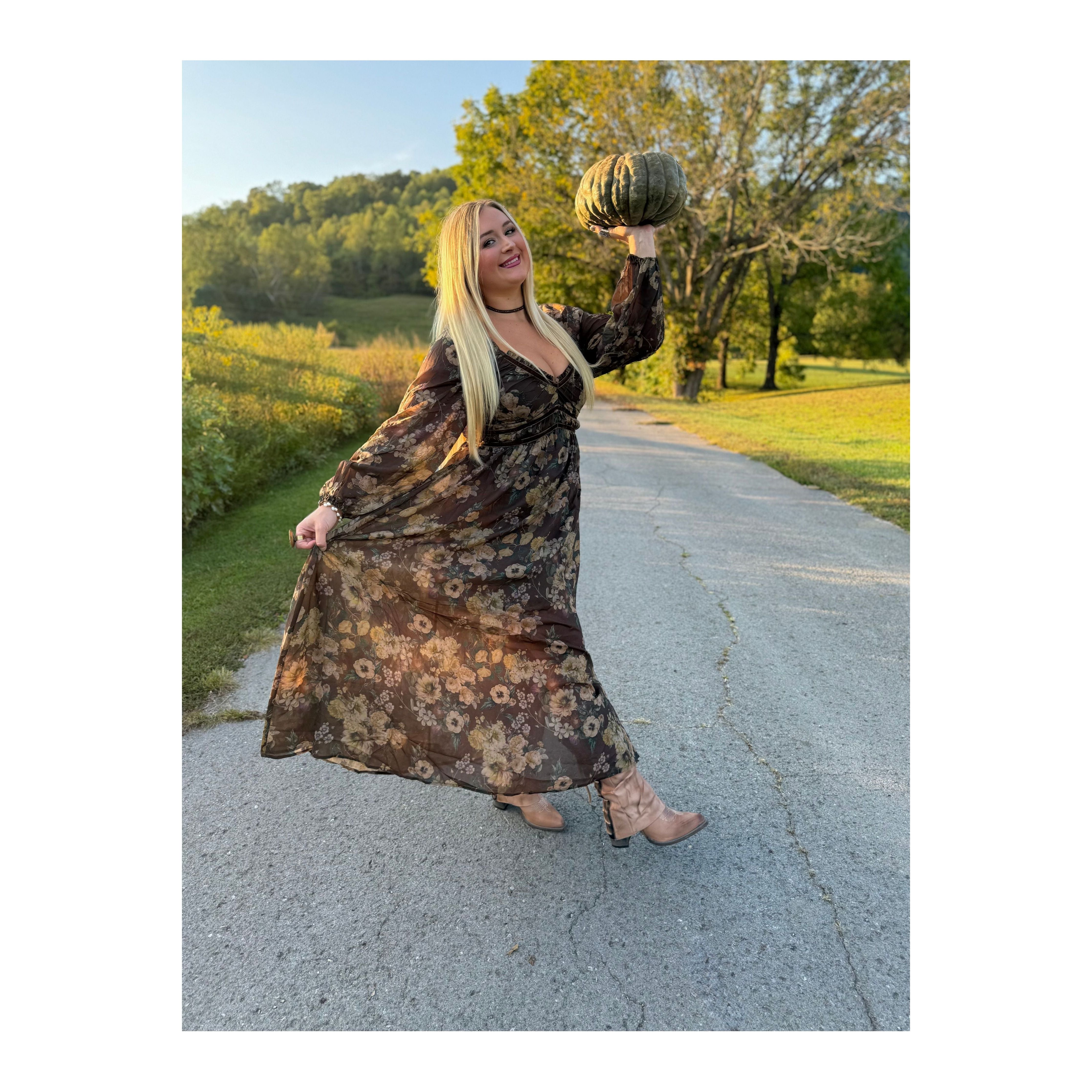 Floral Print Velvet Trimmed Maxi Dress with Slit