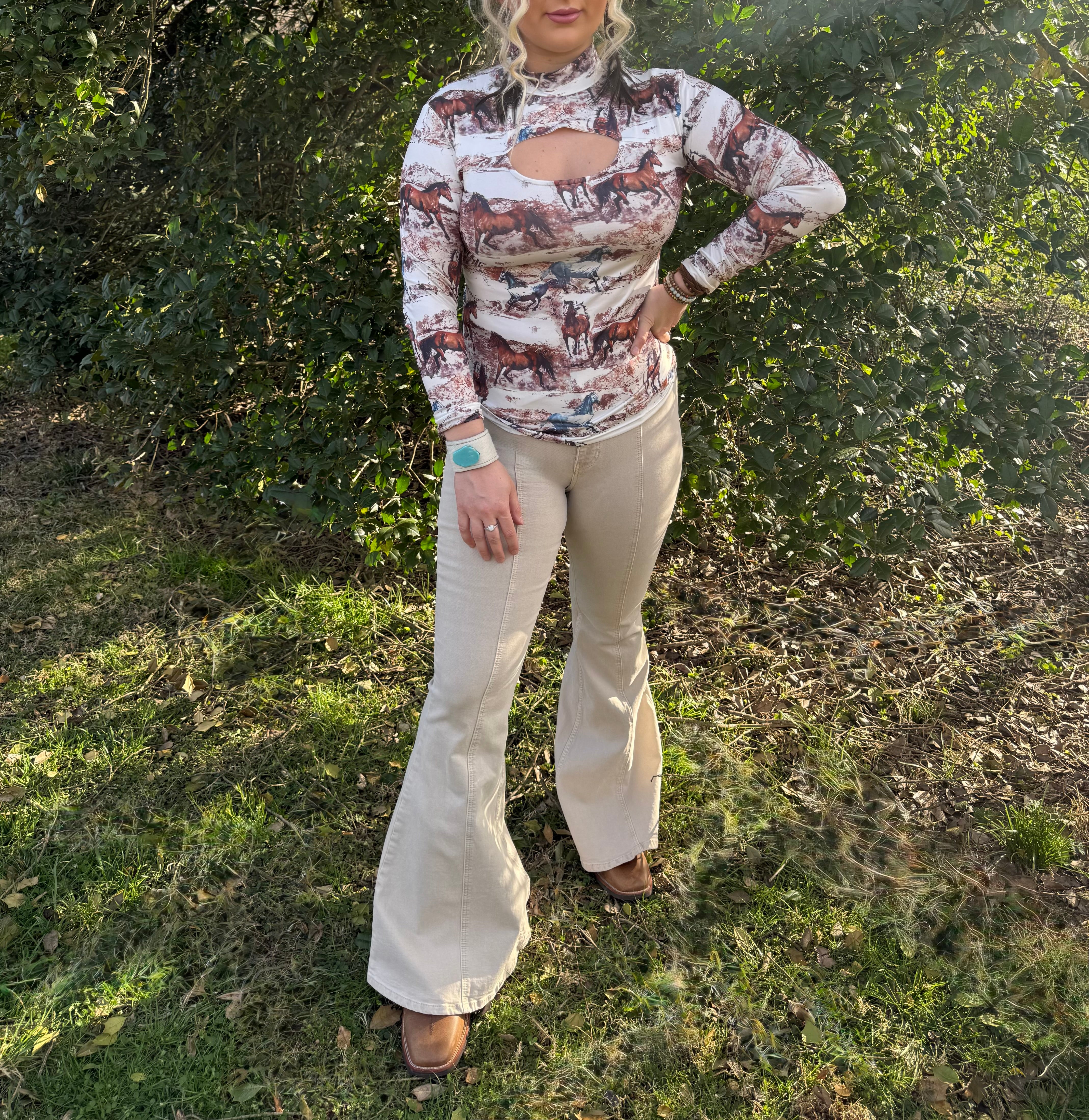 Wild Horses Long Sleeve Keyhole Top