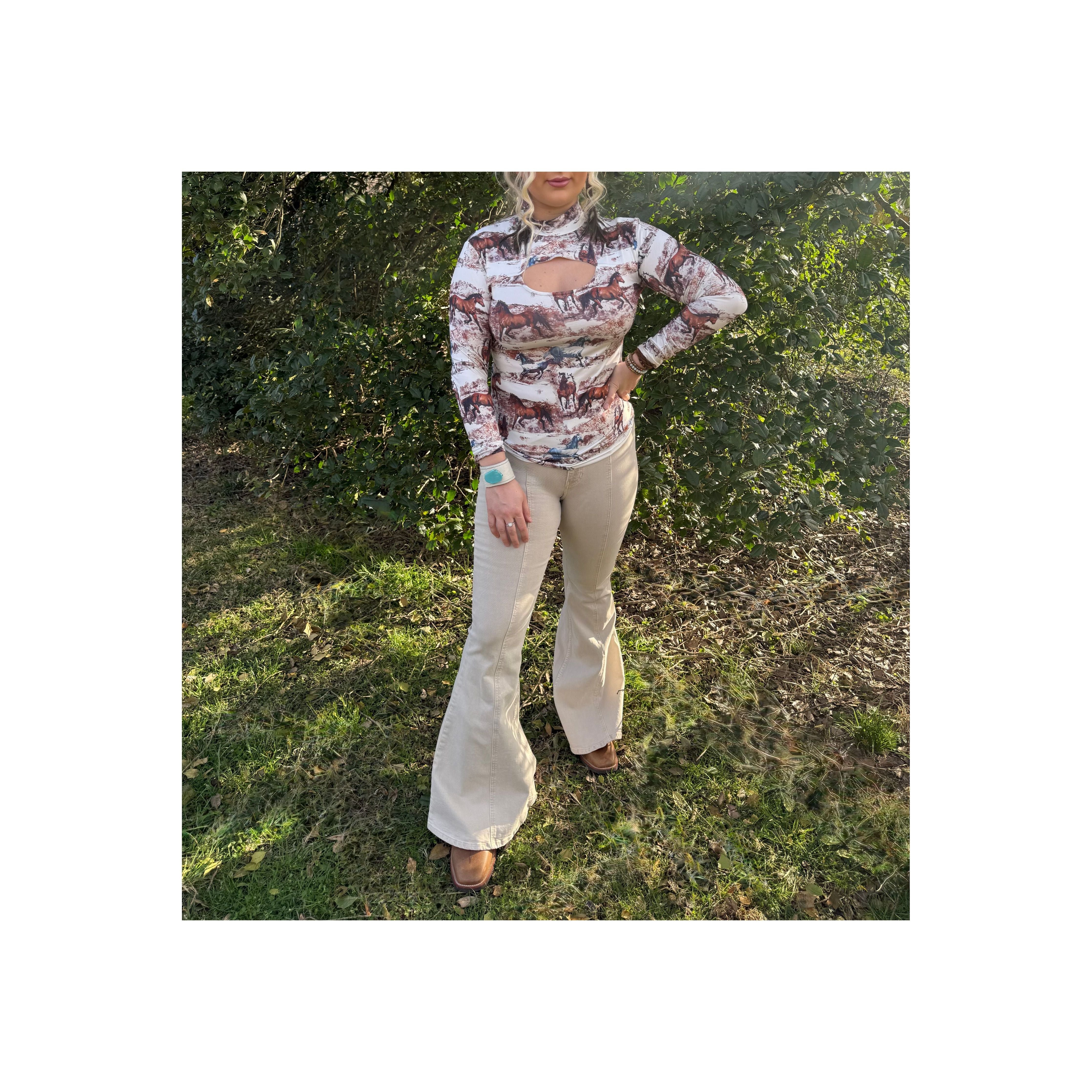 Wild Horses Long Sleeve Keyhole Top