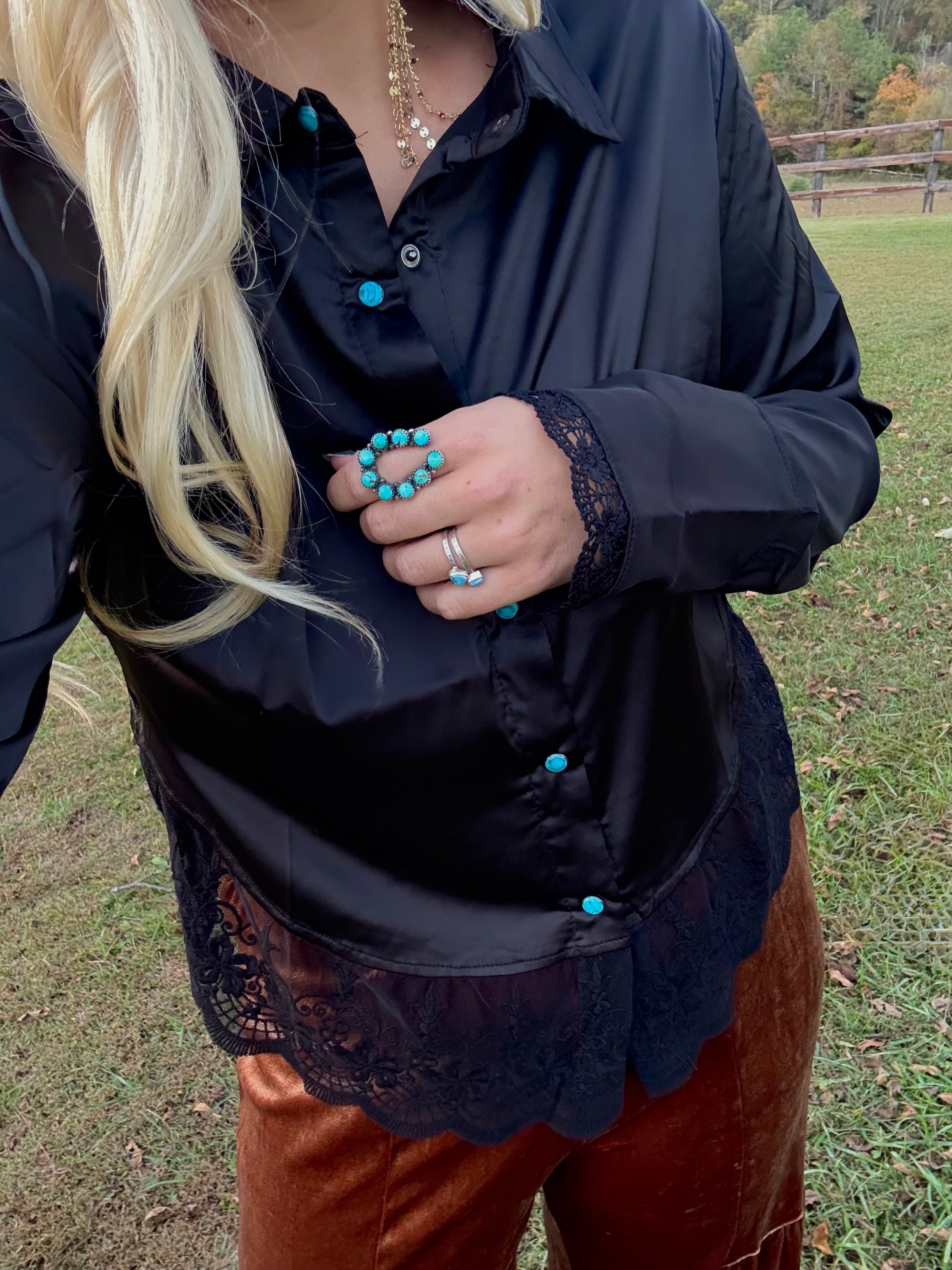 Black Silk Lace Western Top With Turquoise Buttons