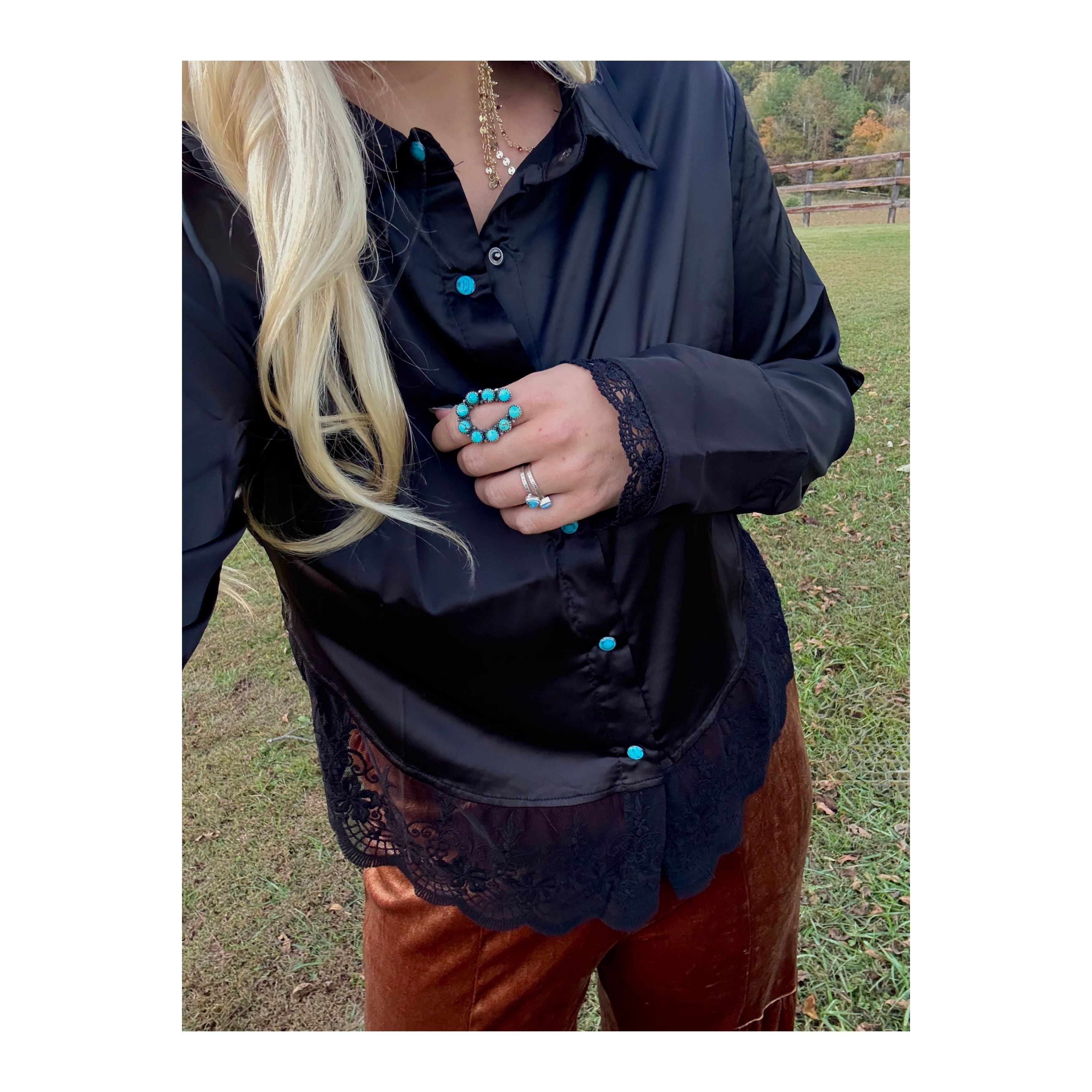 Black Silk Lace Western Top With Turquoise Buttons