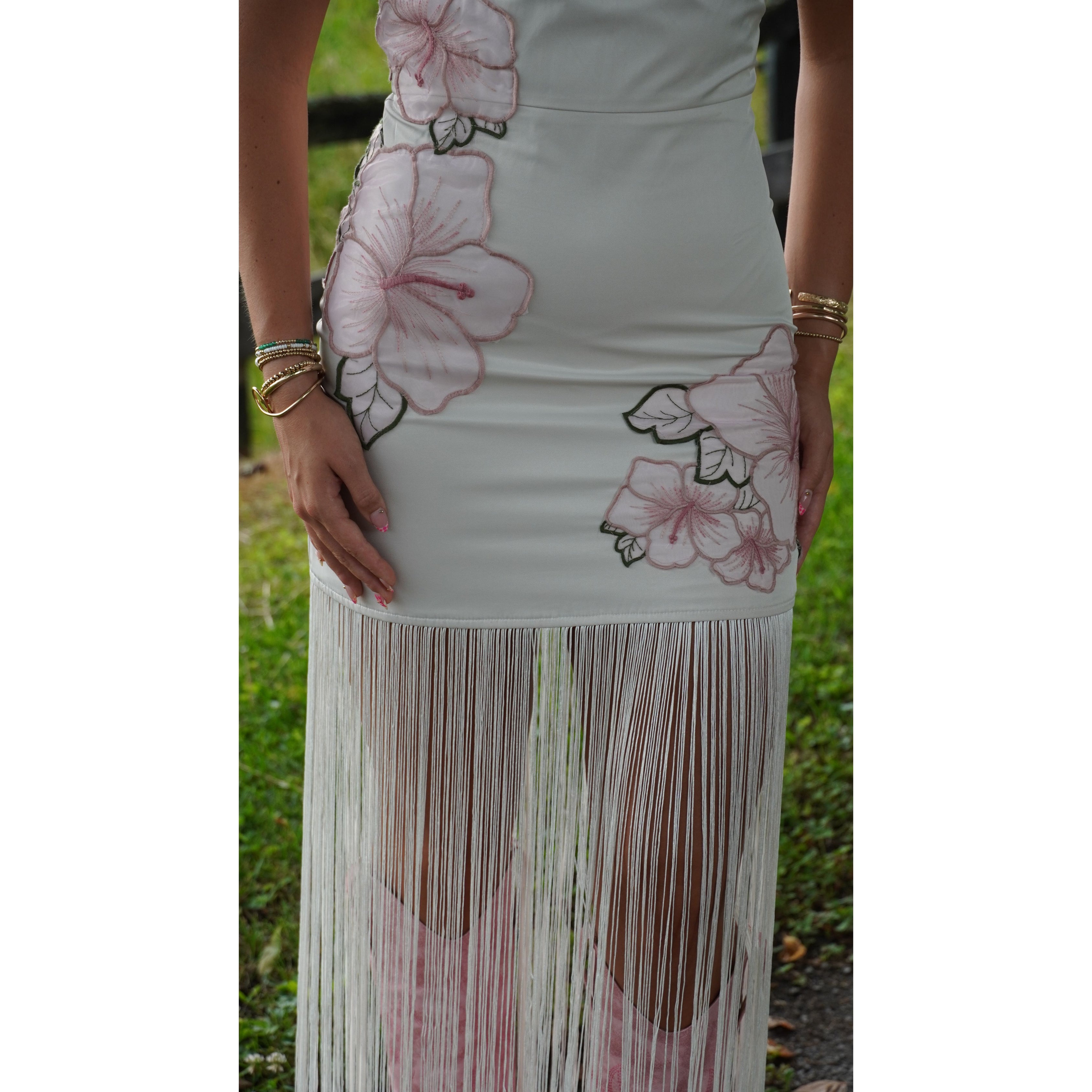 White Floral Fringe Maxi Dress