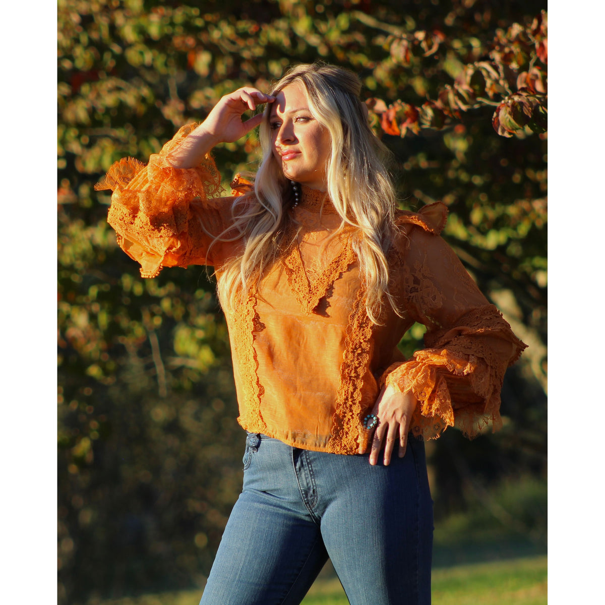 Burnt Orange Lace High-Neck Ruffle Top
