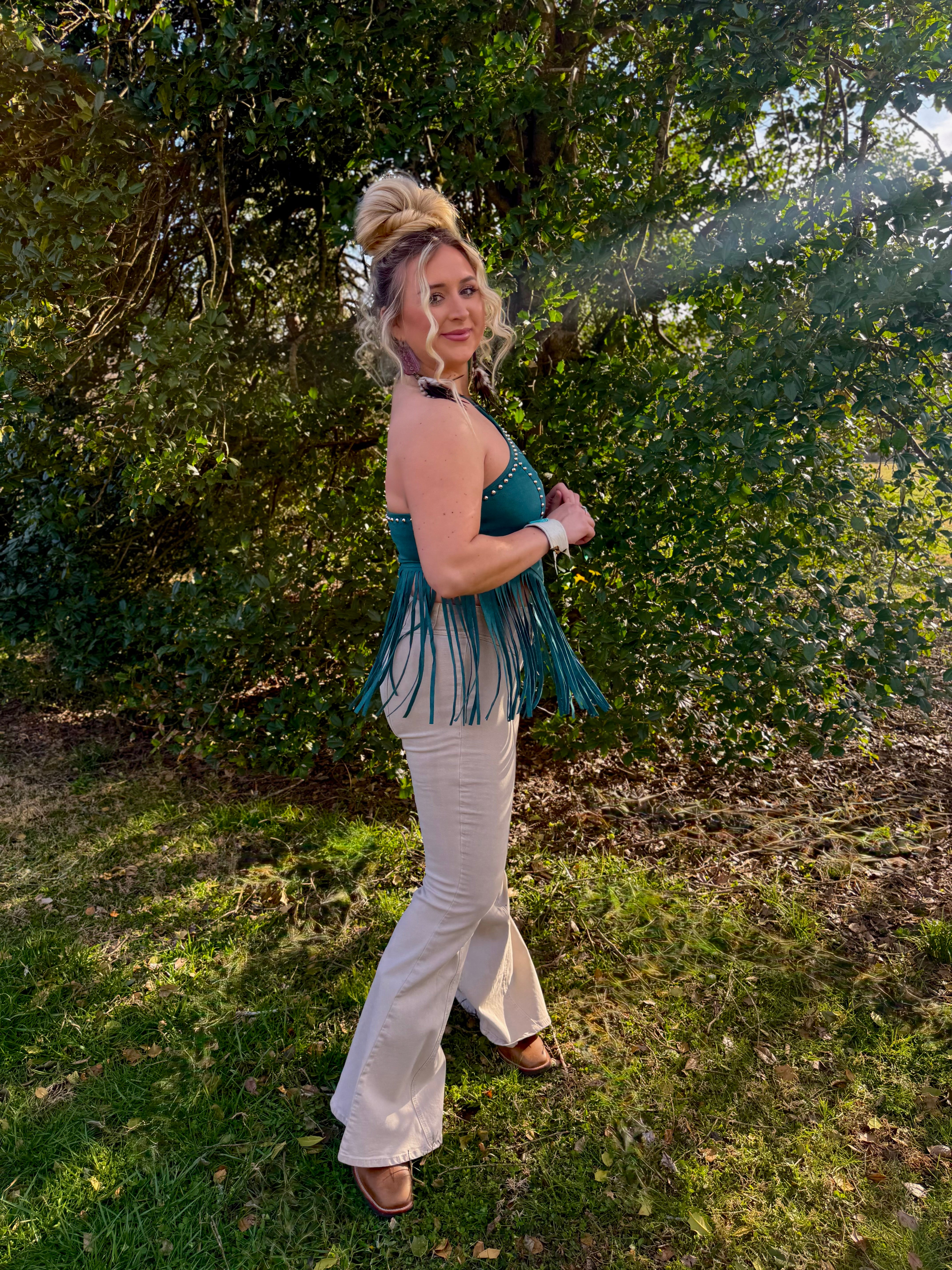 LUCKY & BLESSED Fringe Suede Halter Top