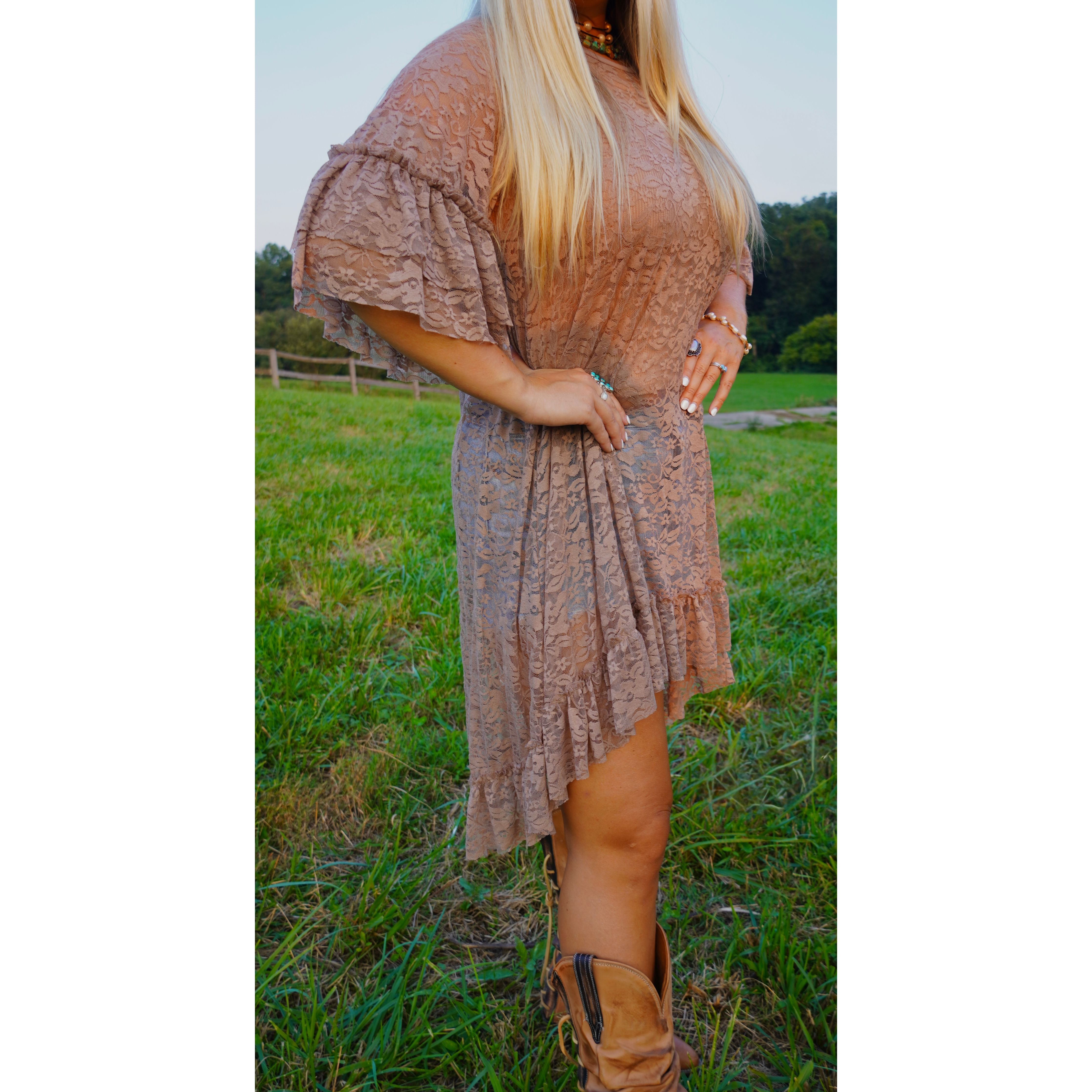 Taupe Hi-Low Lace Ruffle Top