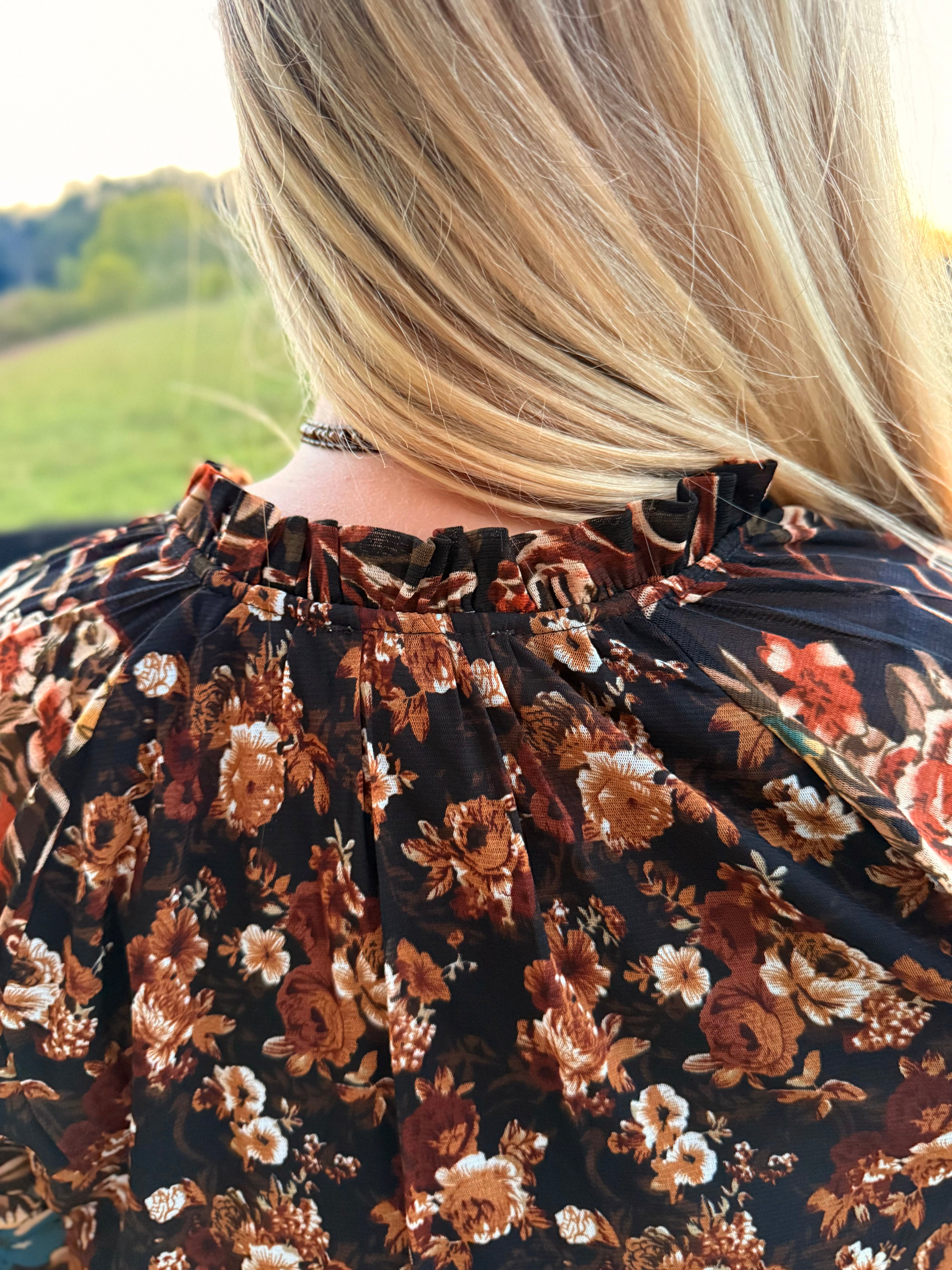 Black Floral Ruffle Maxi Dress