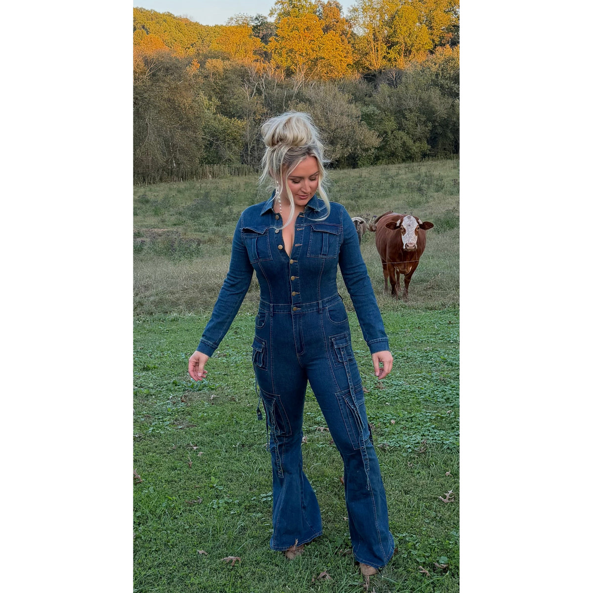 Denim flare long sleeve jumpsuit