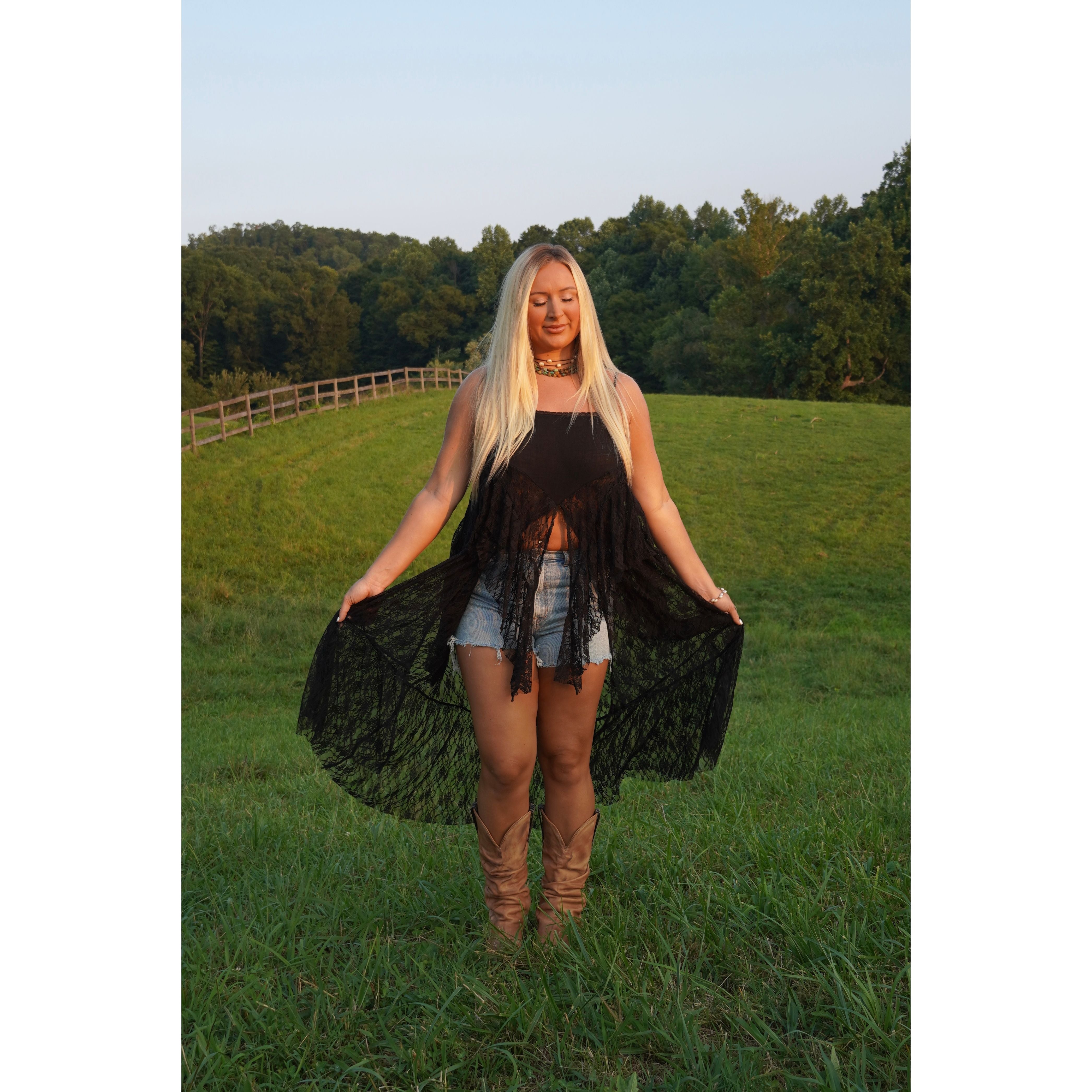 Black Ruffled Lace Flyaway Maxi Cami Top