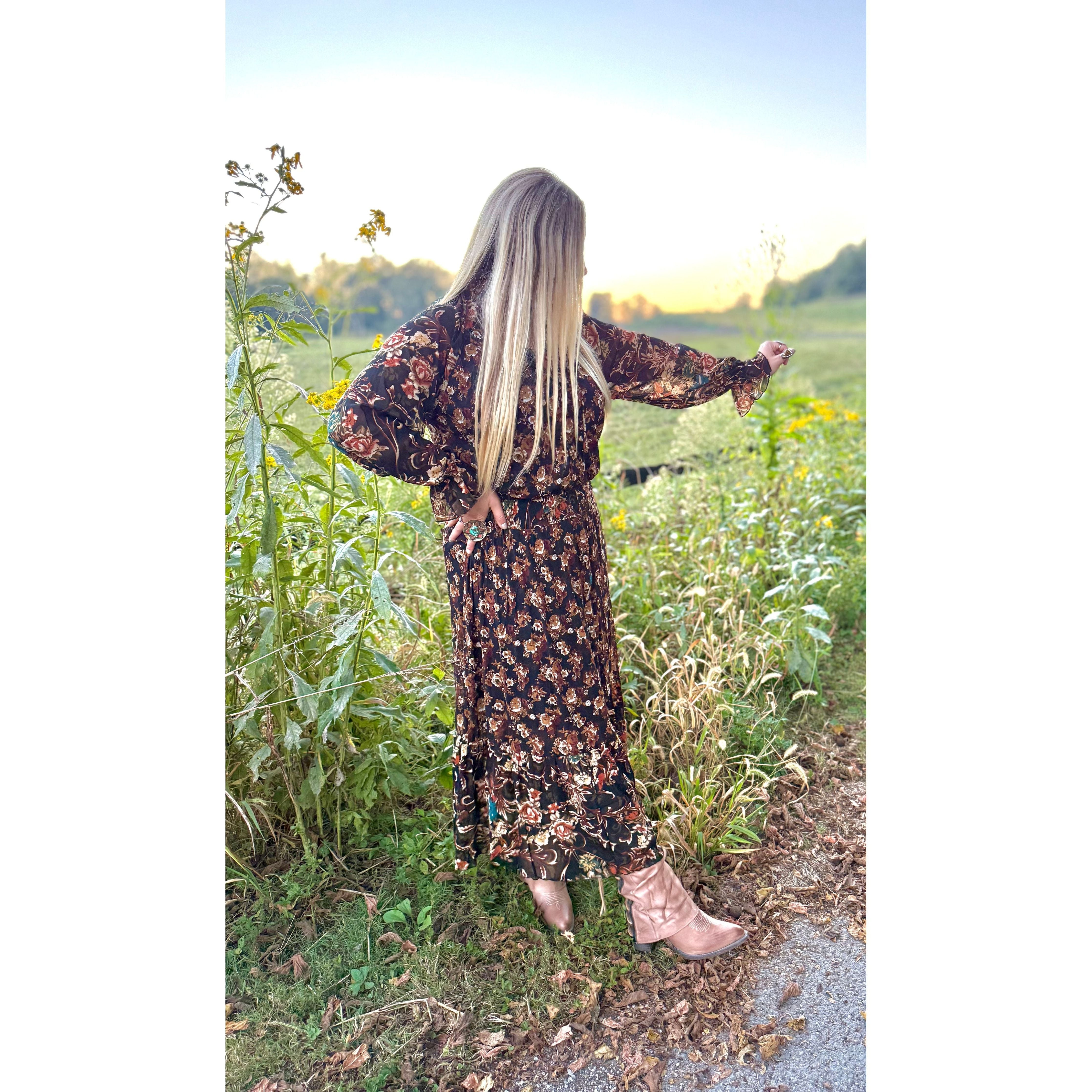 Black Floral Ruffle Maxi Dress