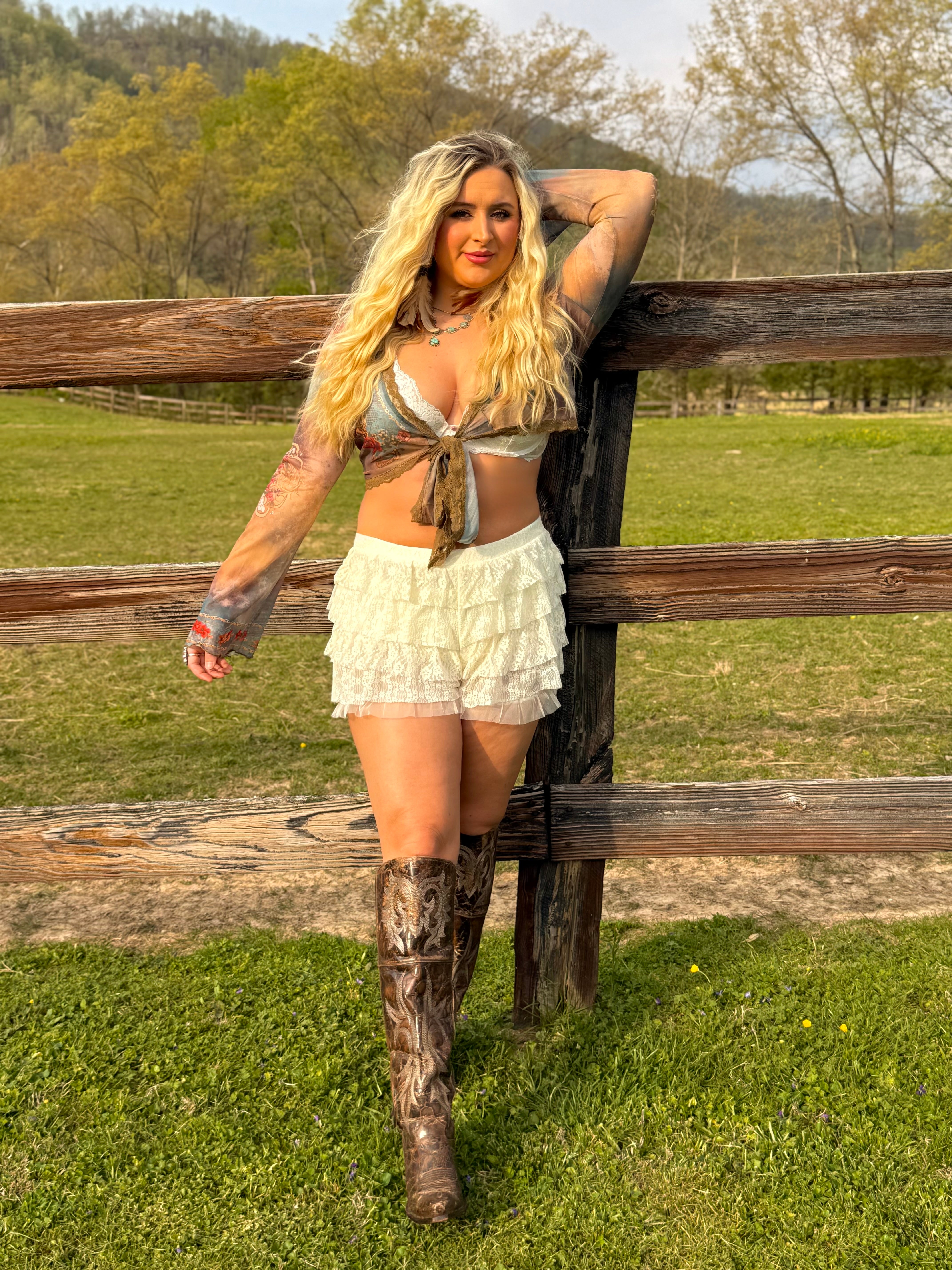 Presley Lace Trim White Ruffle Shorts