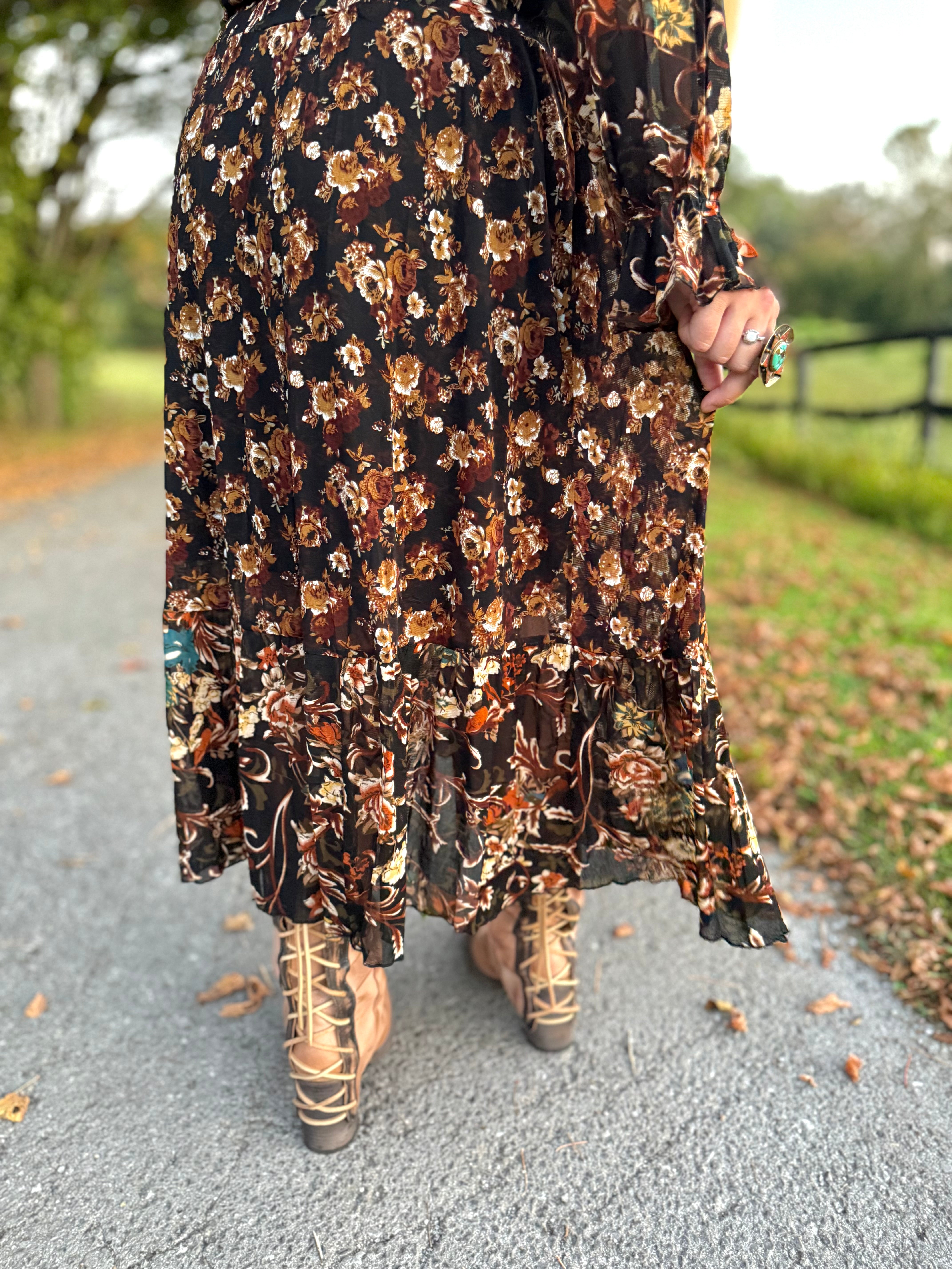 Black Floral Ruffle Maxi Dress