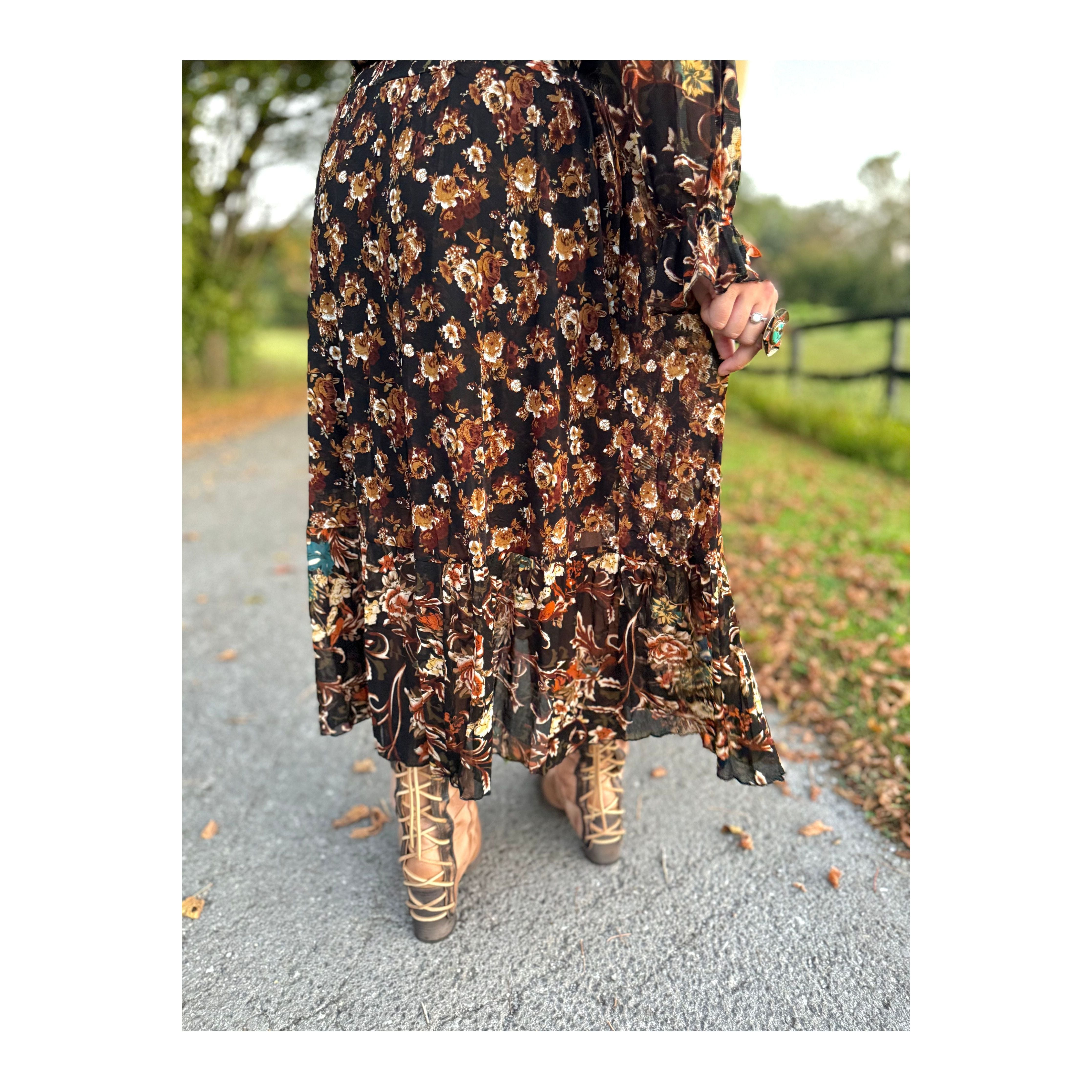 Black Floral Ruffle Maxi Dress