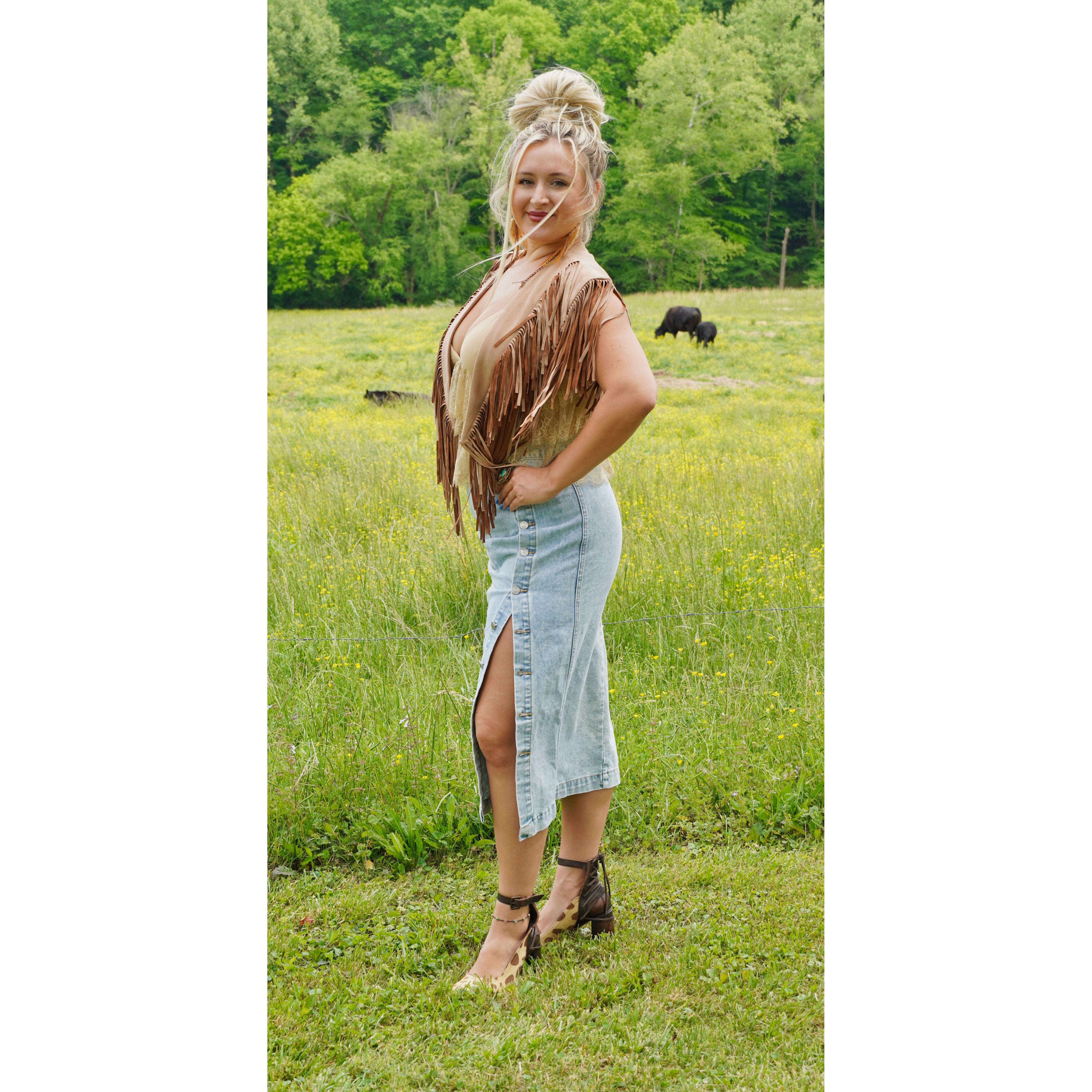 Button High Rise Denim Skirt