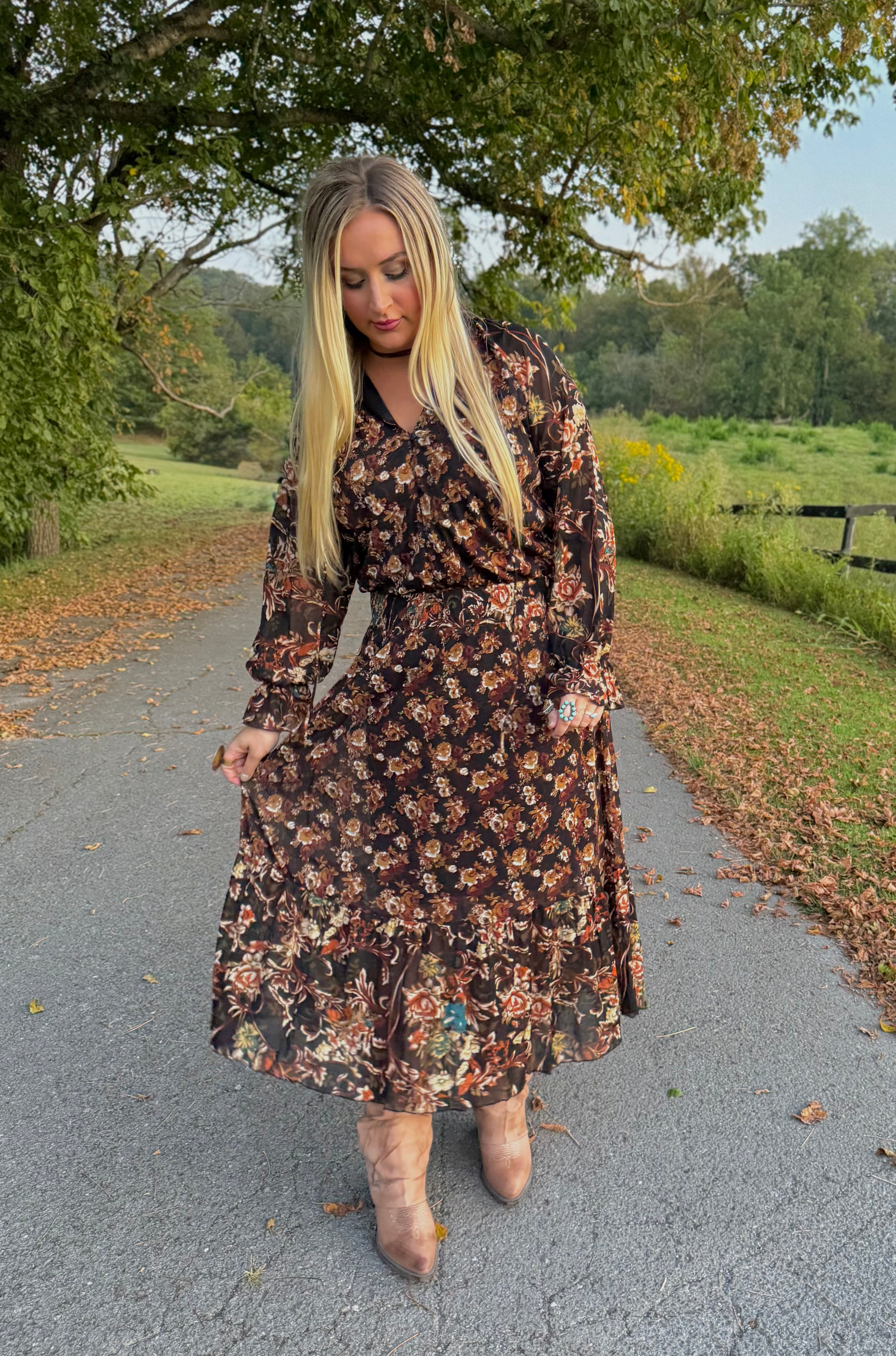 Black Floral Ruffle Maxi Dress