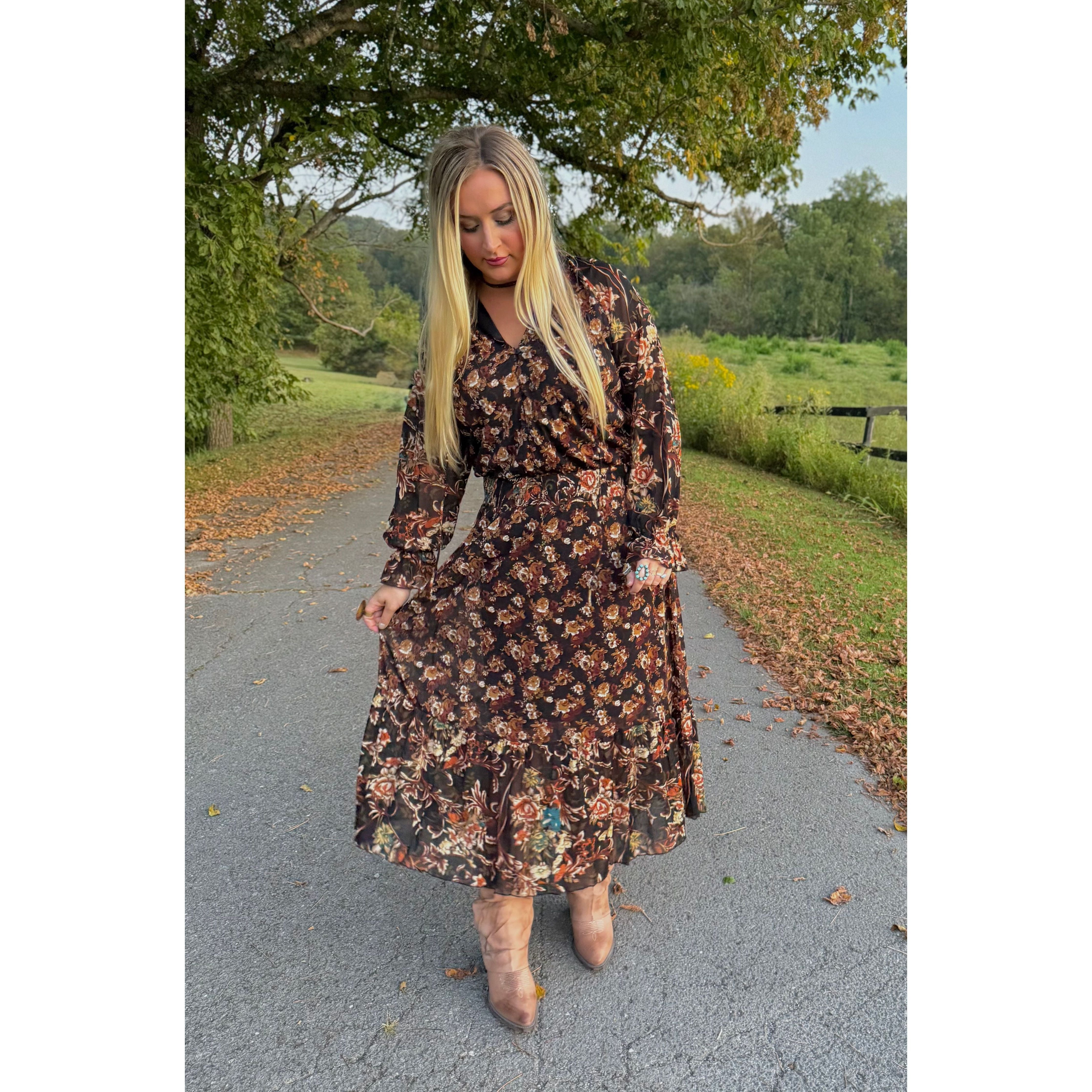 Black Floral Ruffle Maxi Dress