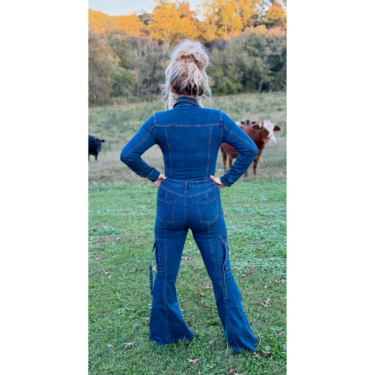 Denim flare long sleeve jumpsuit