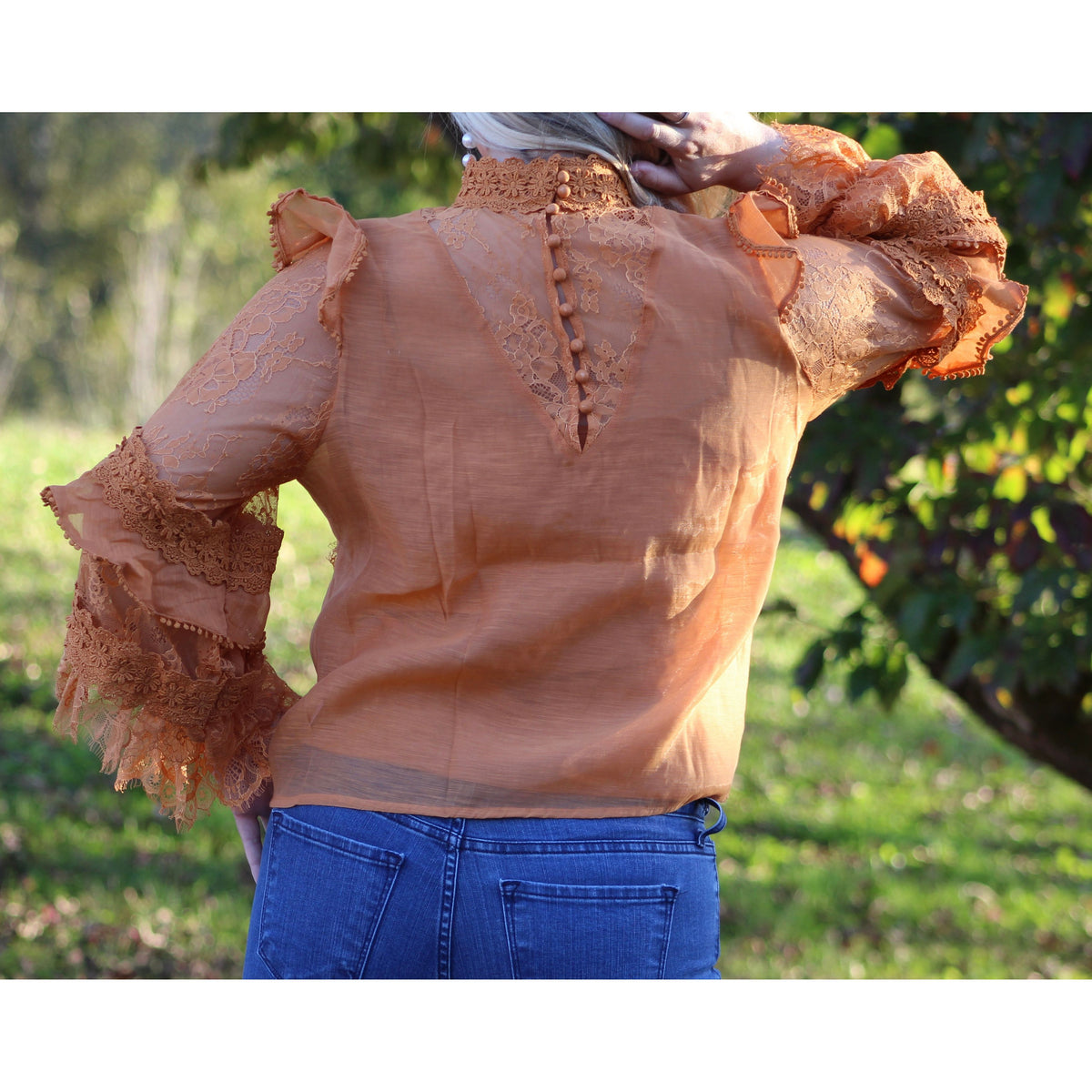 Burnt Orange Lace High-Neck Ruffle Top