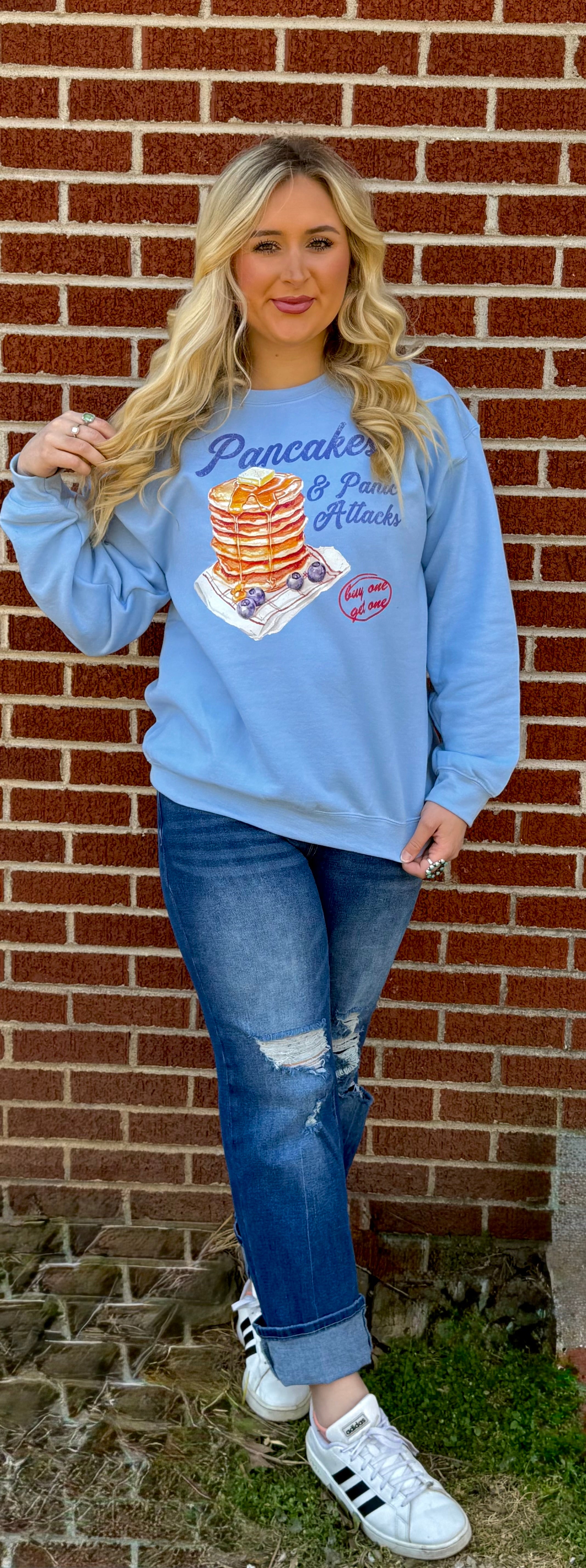 Pancakes & Panic Attacks Baby Blue Crewneck Sweatshirt