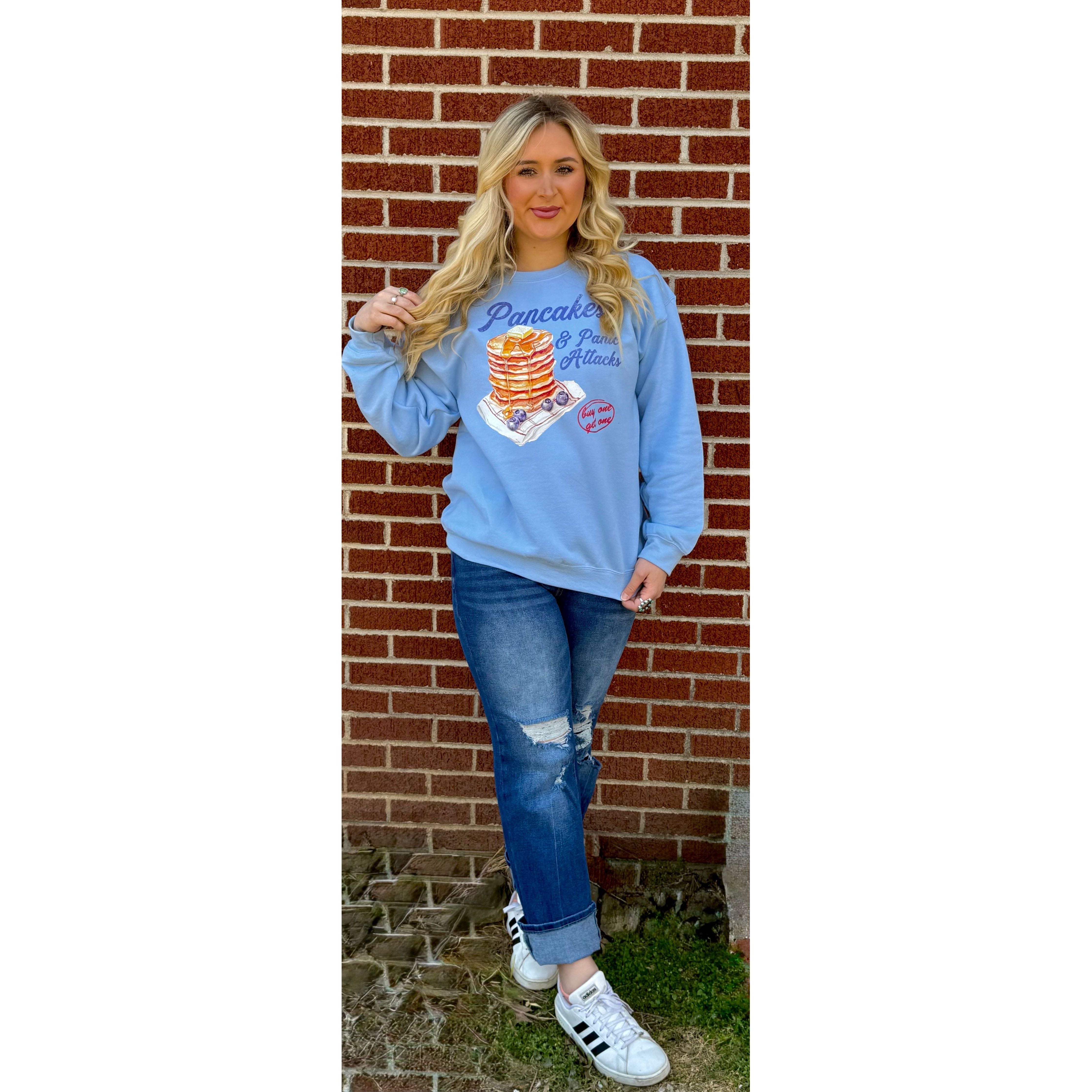 Pancakes & Panic Attacks Baby Blue Crewneck Sweatshirt