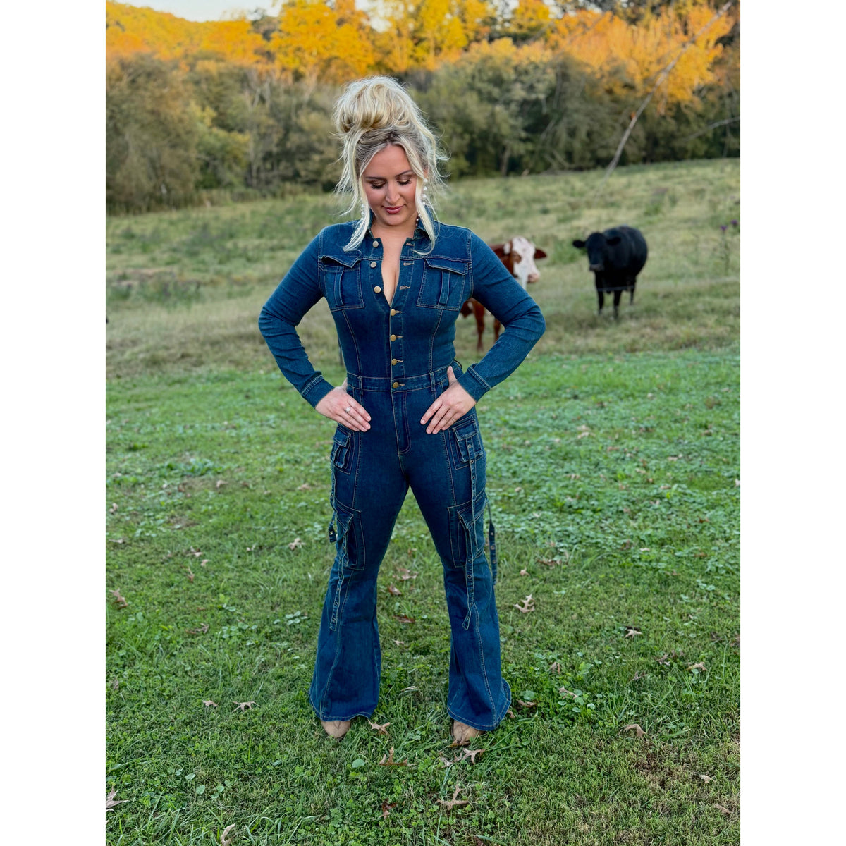 Denim flare long sleeve jumpsuit