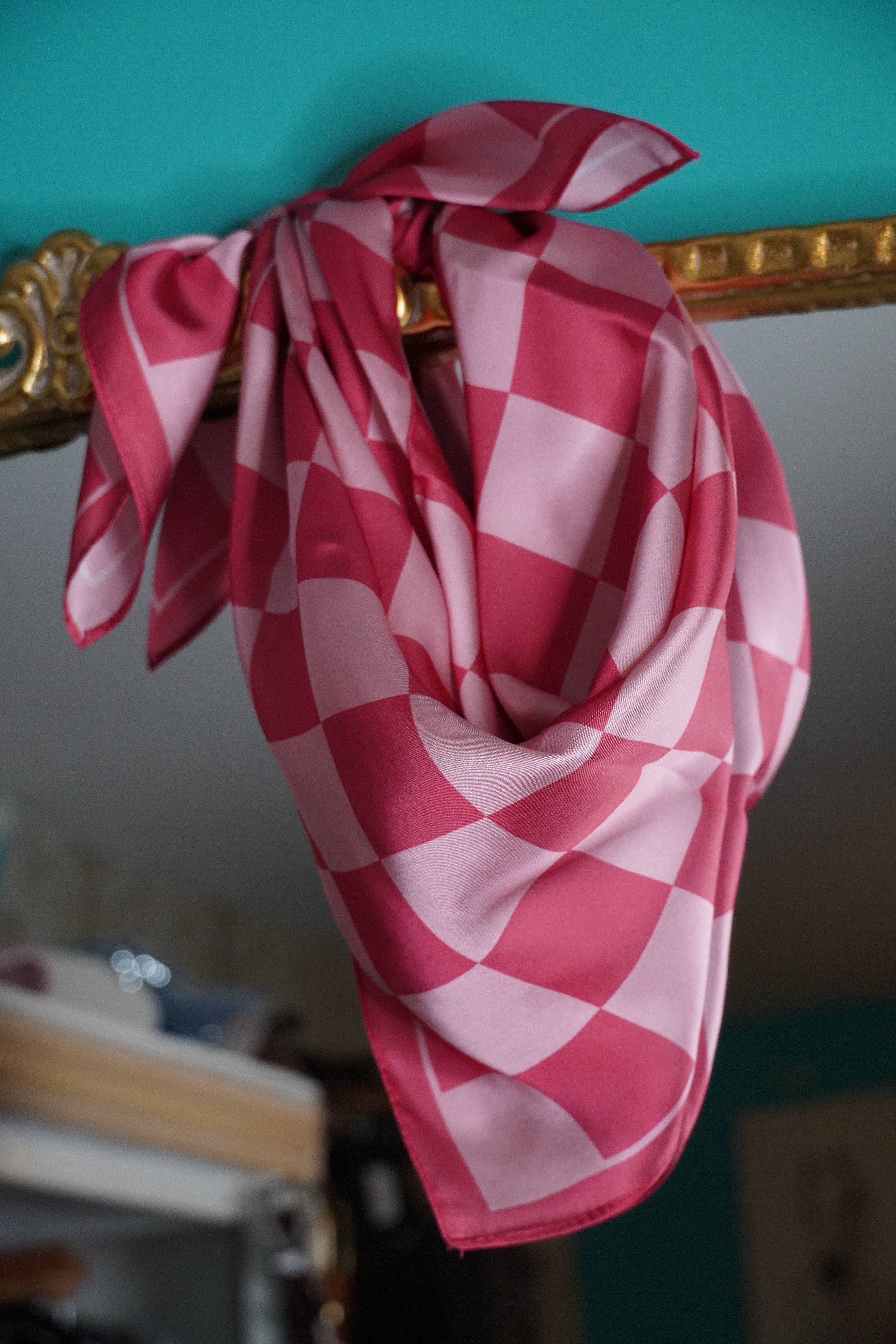 Checkered Pink Satin Scarf