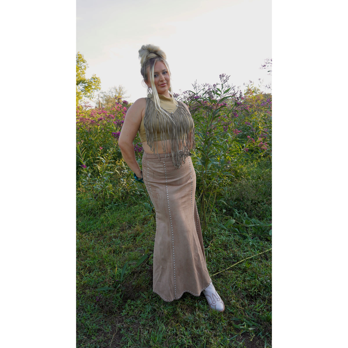 Studded Suede Maxi Skirt in Camel