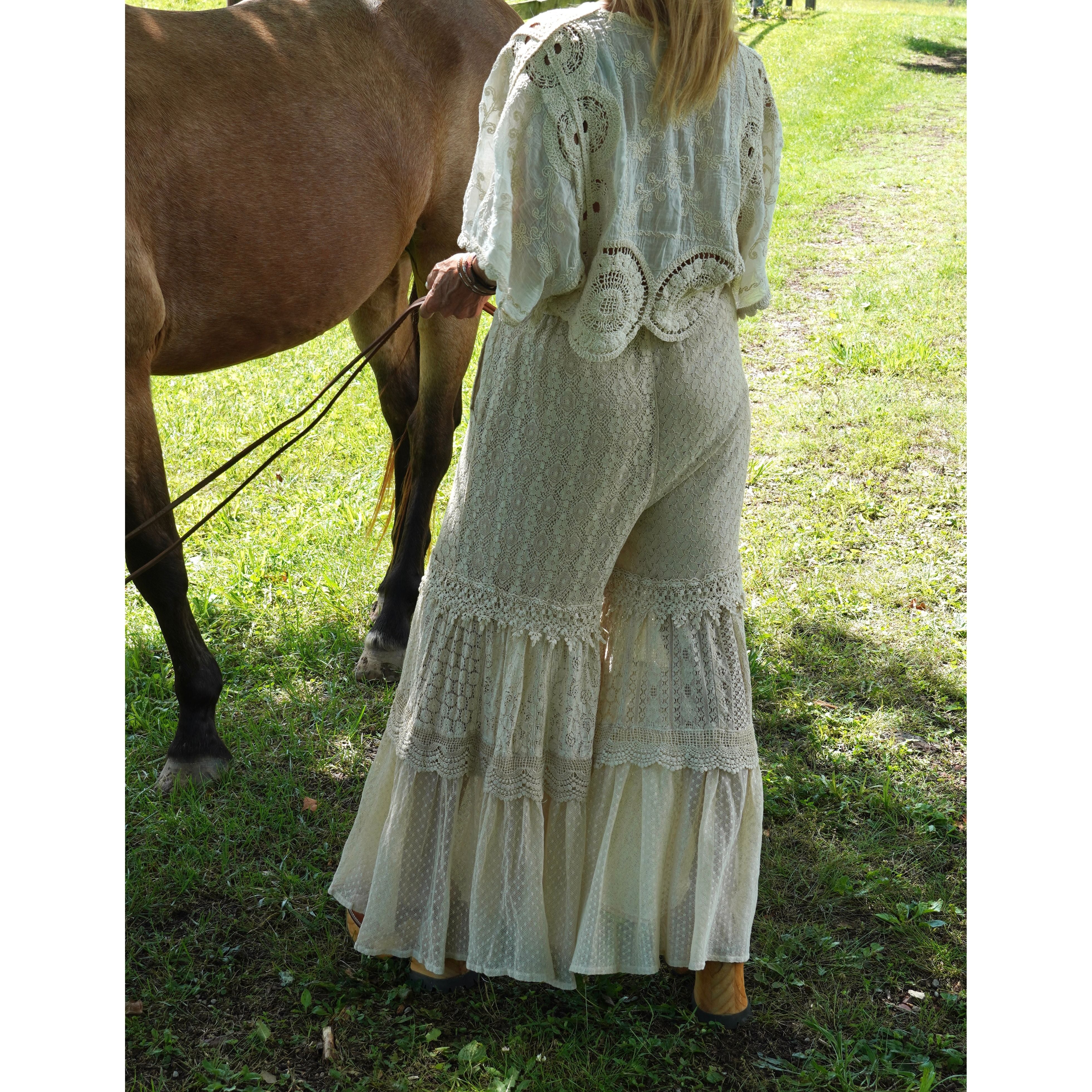 Crochet Lace Tiered Ruffle Flare Pants