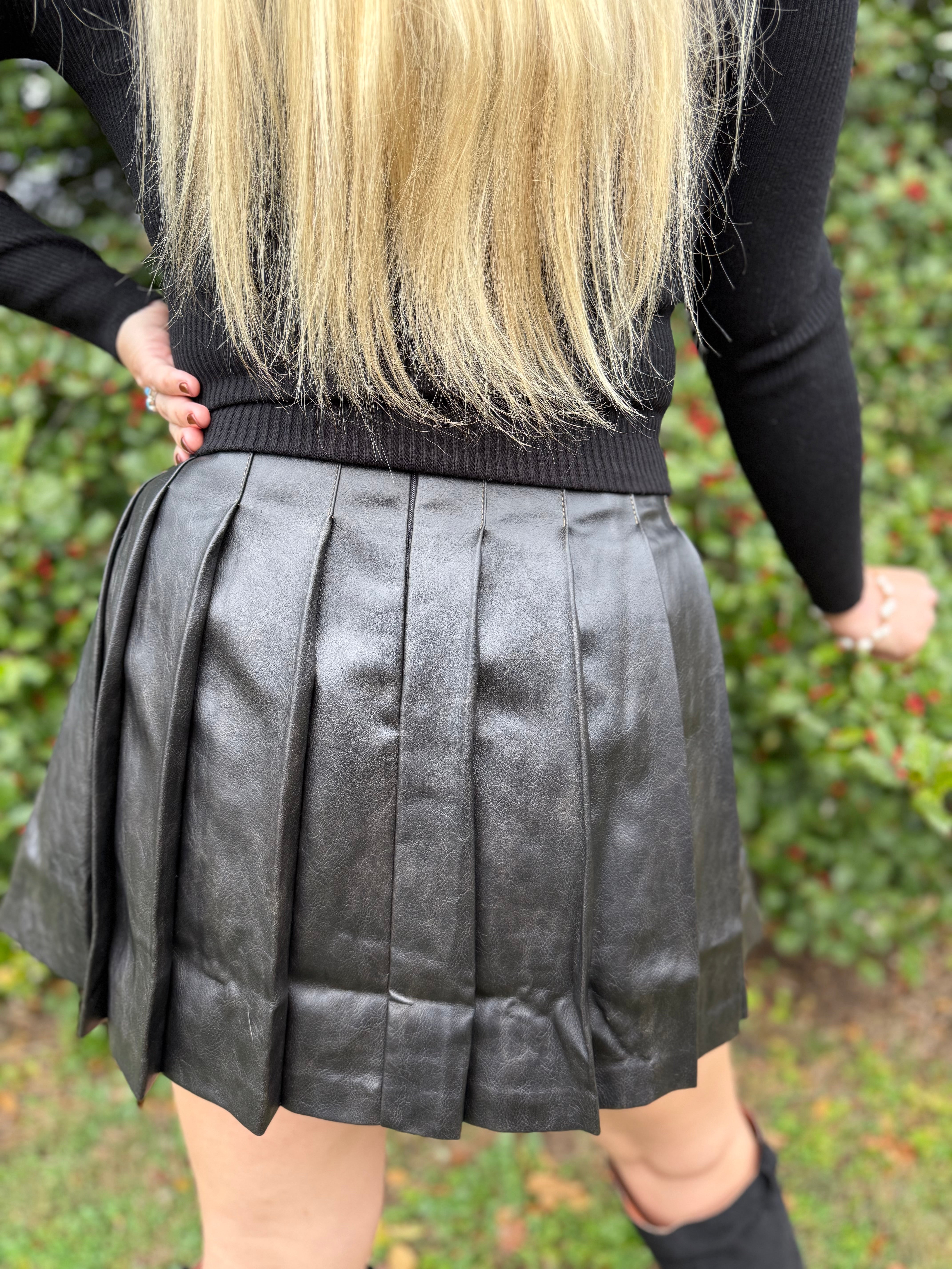 Faux Leather Black Pleated Skirt