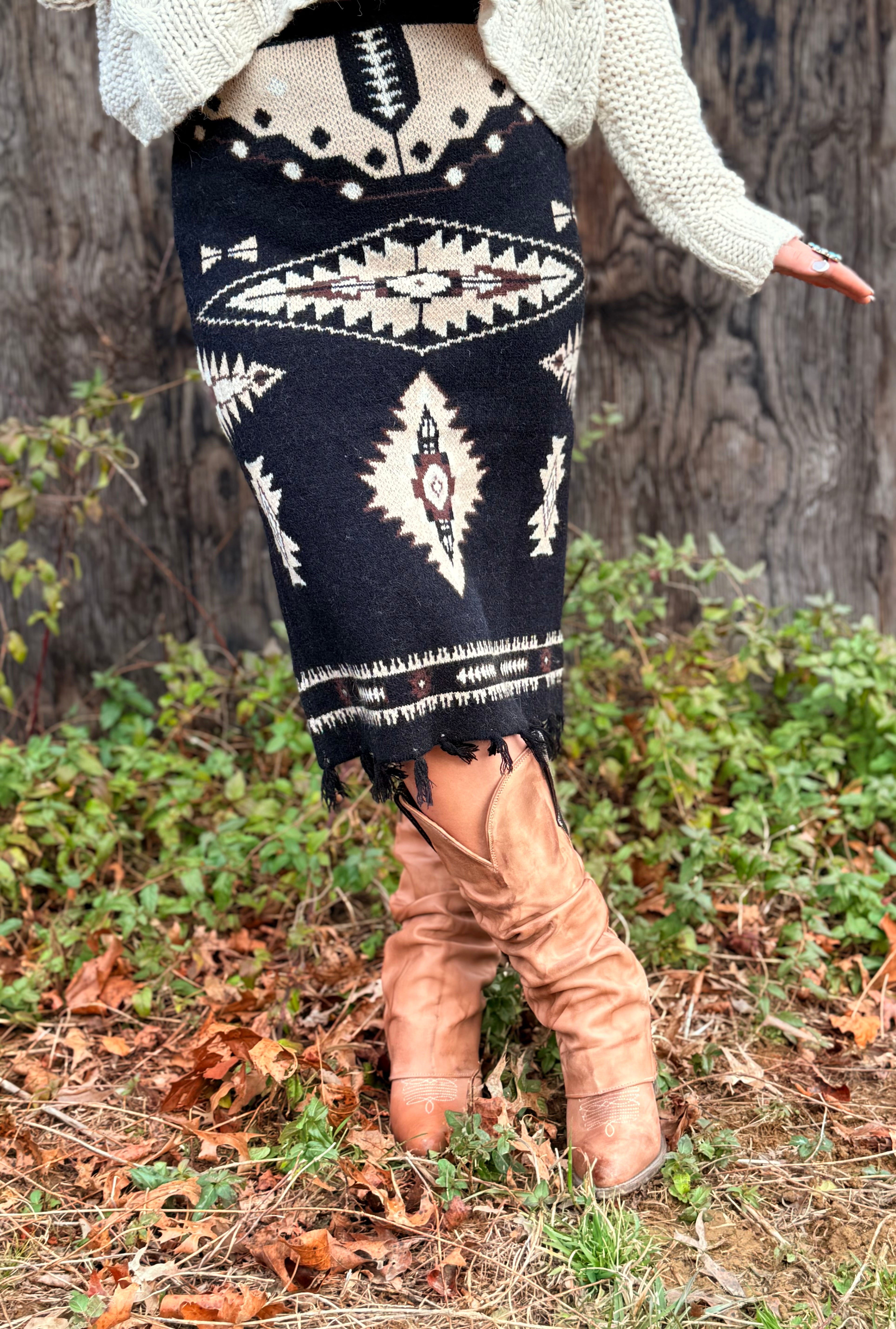Black Aztec Sweater Fringe Back Slit Skirt