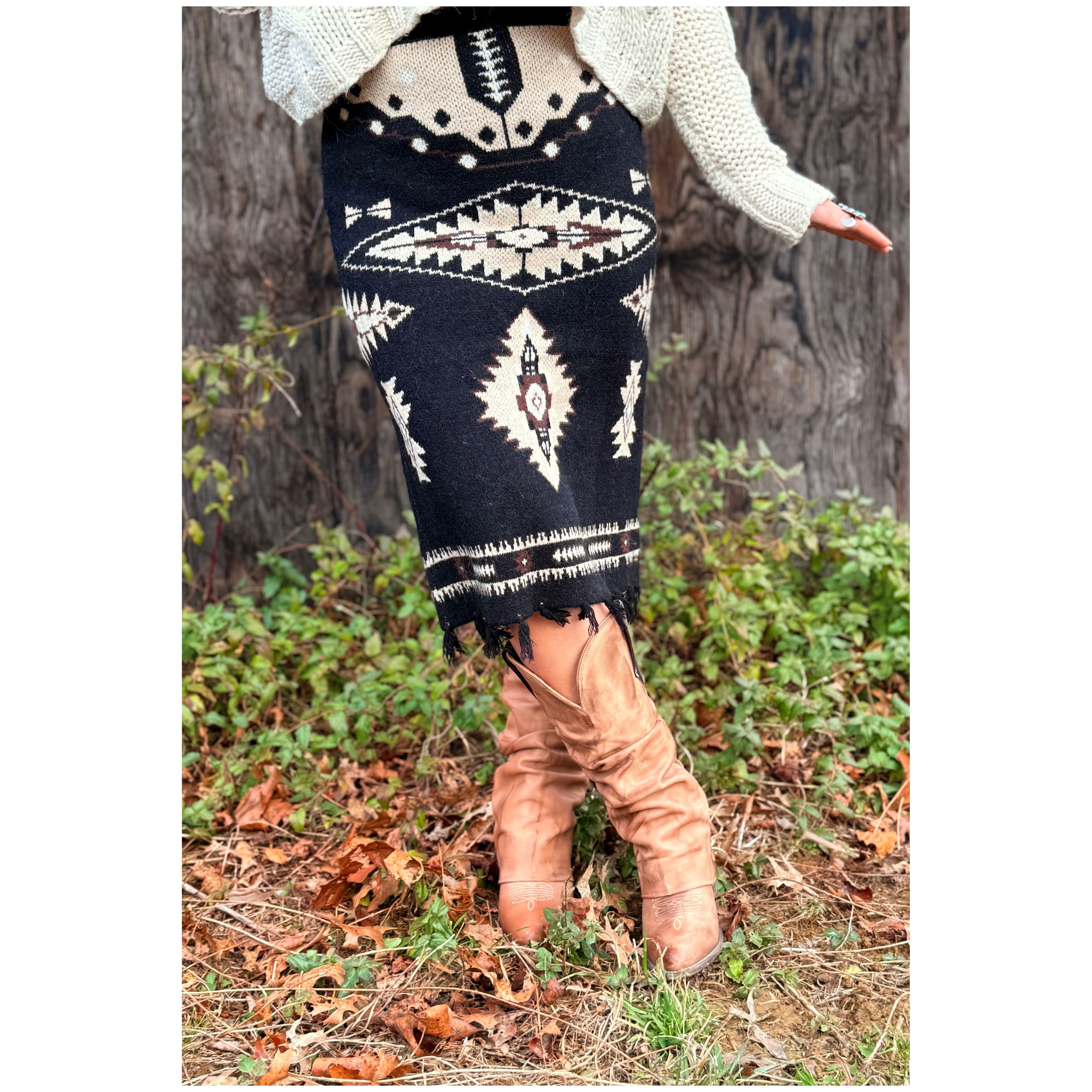 Black Aztec Sweater Fringe Back Slit Skirt