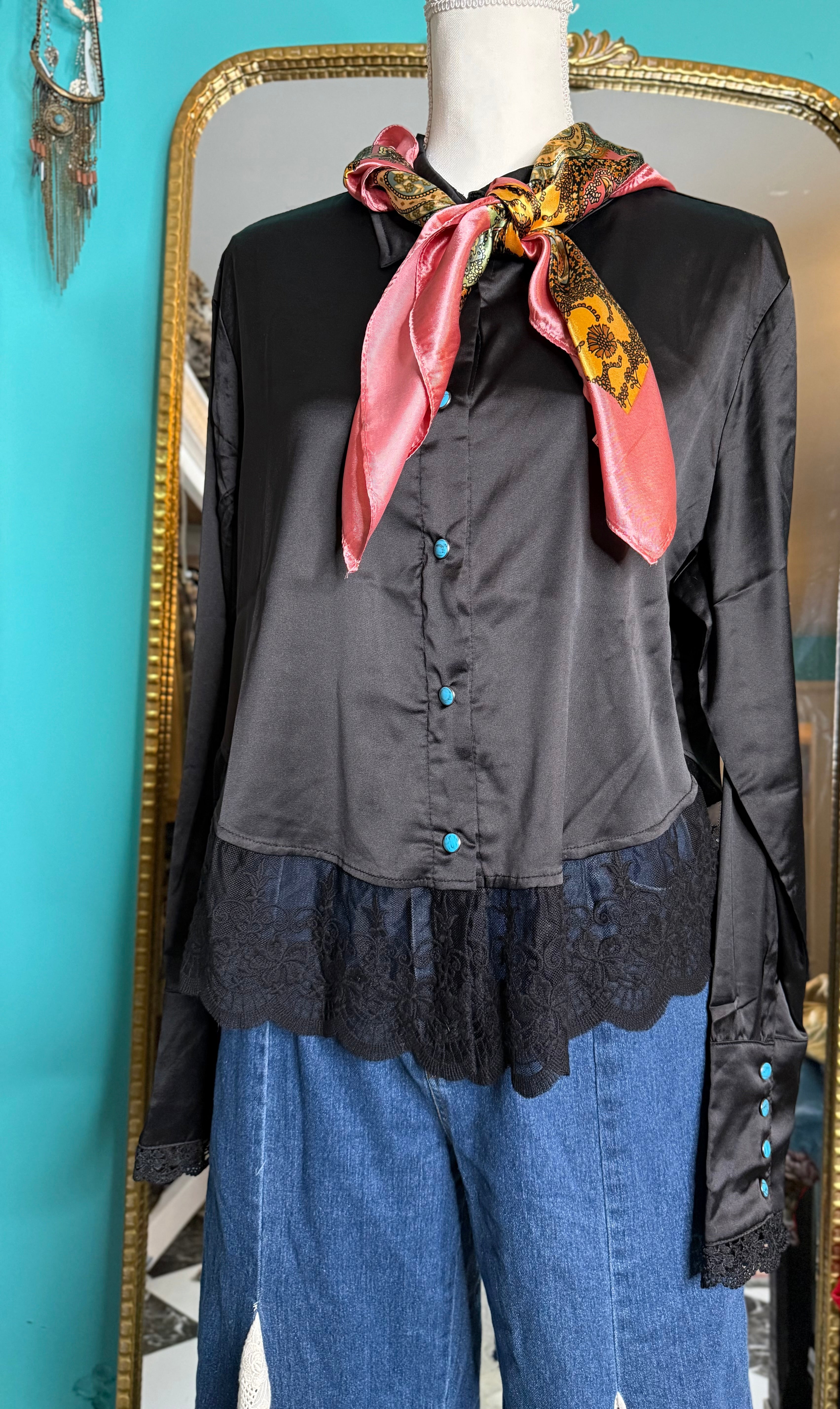 Black Silk Lace Western Top With Turquoise Buttons