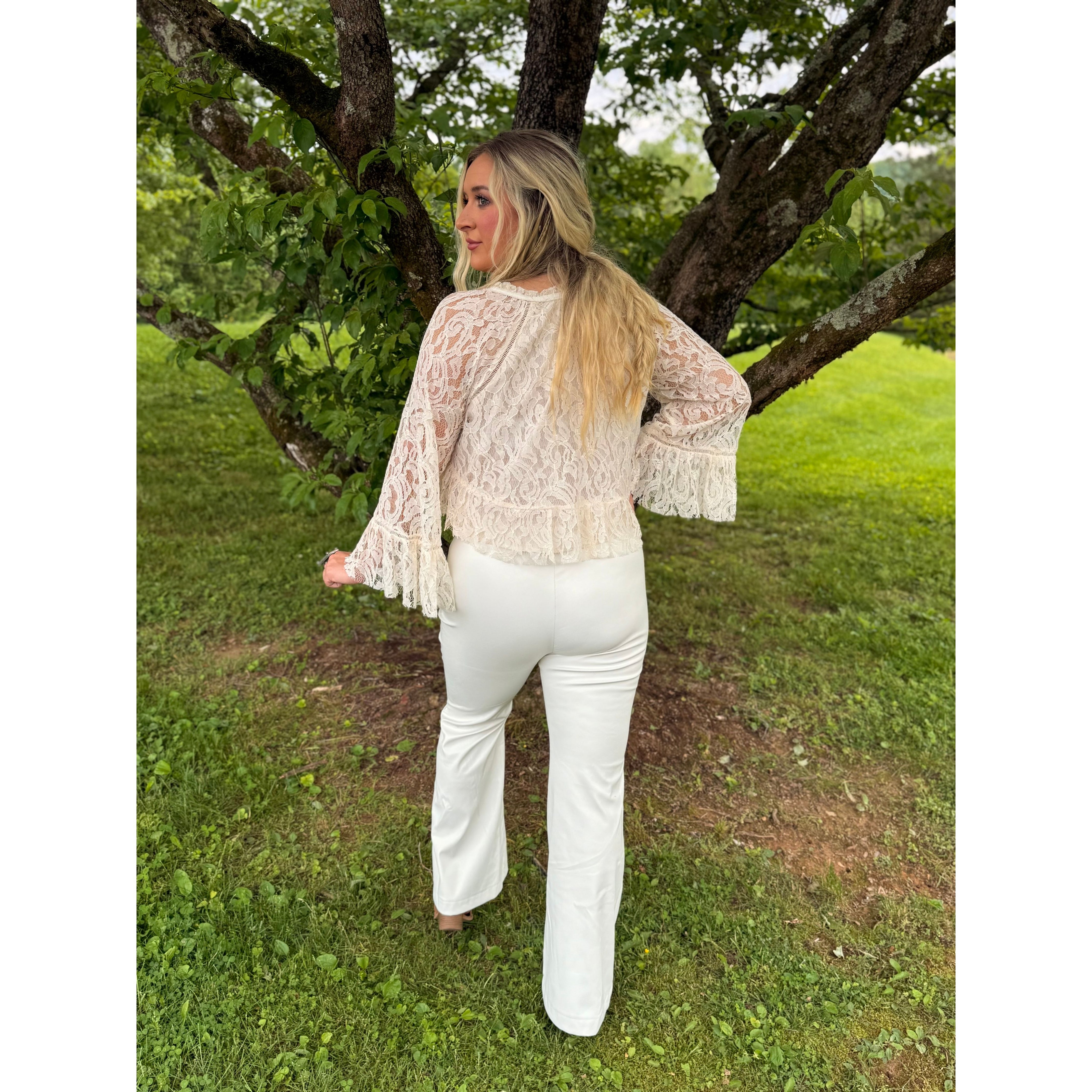 White Leather Lace Up Flare Pants