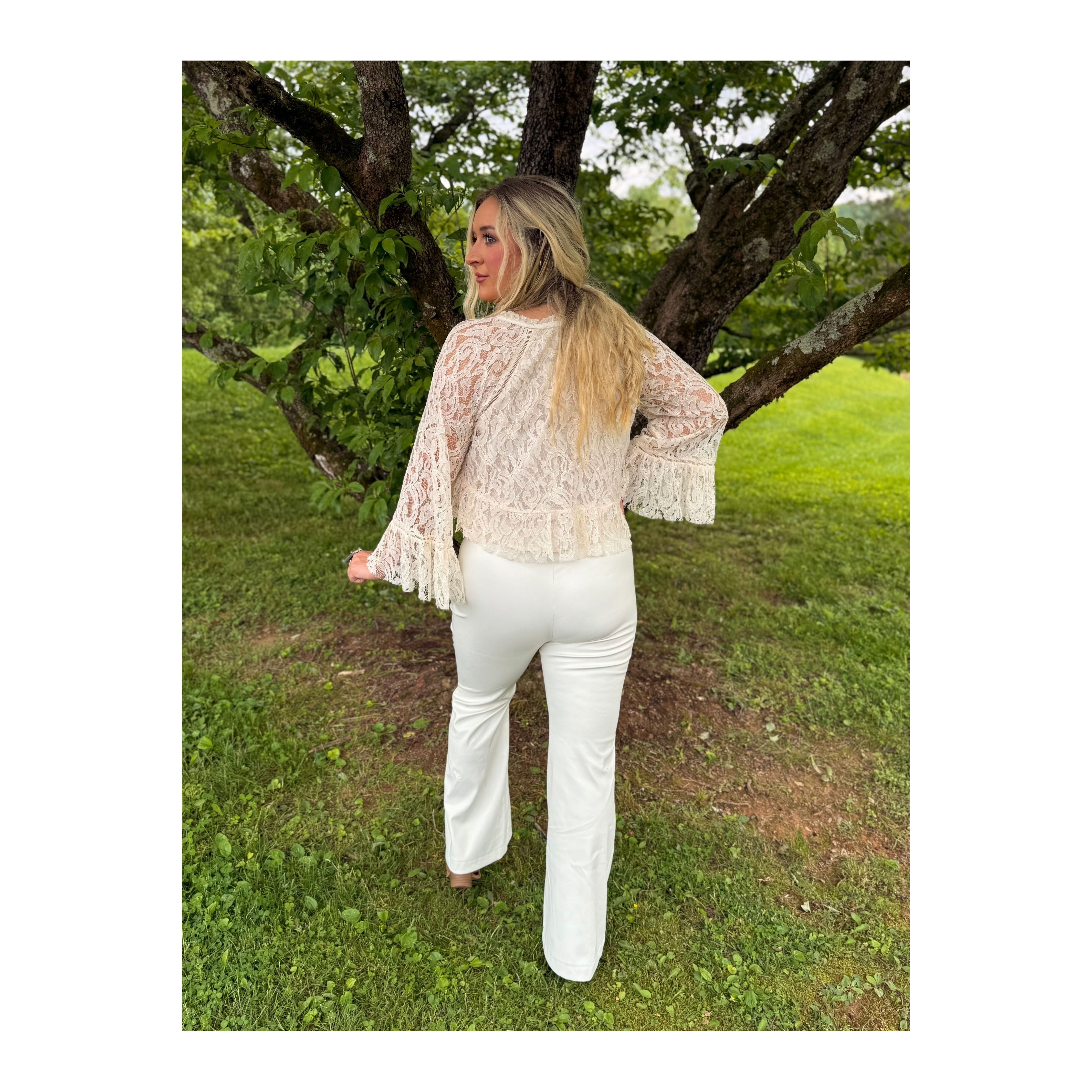 White Leather Lace Up Flare Pants