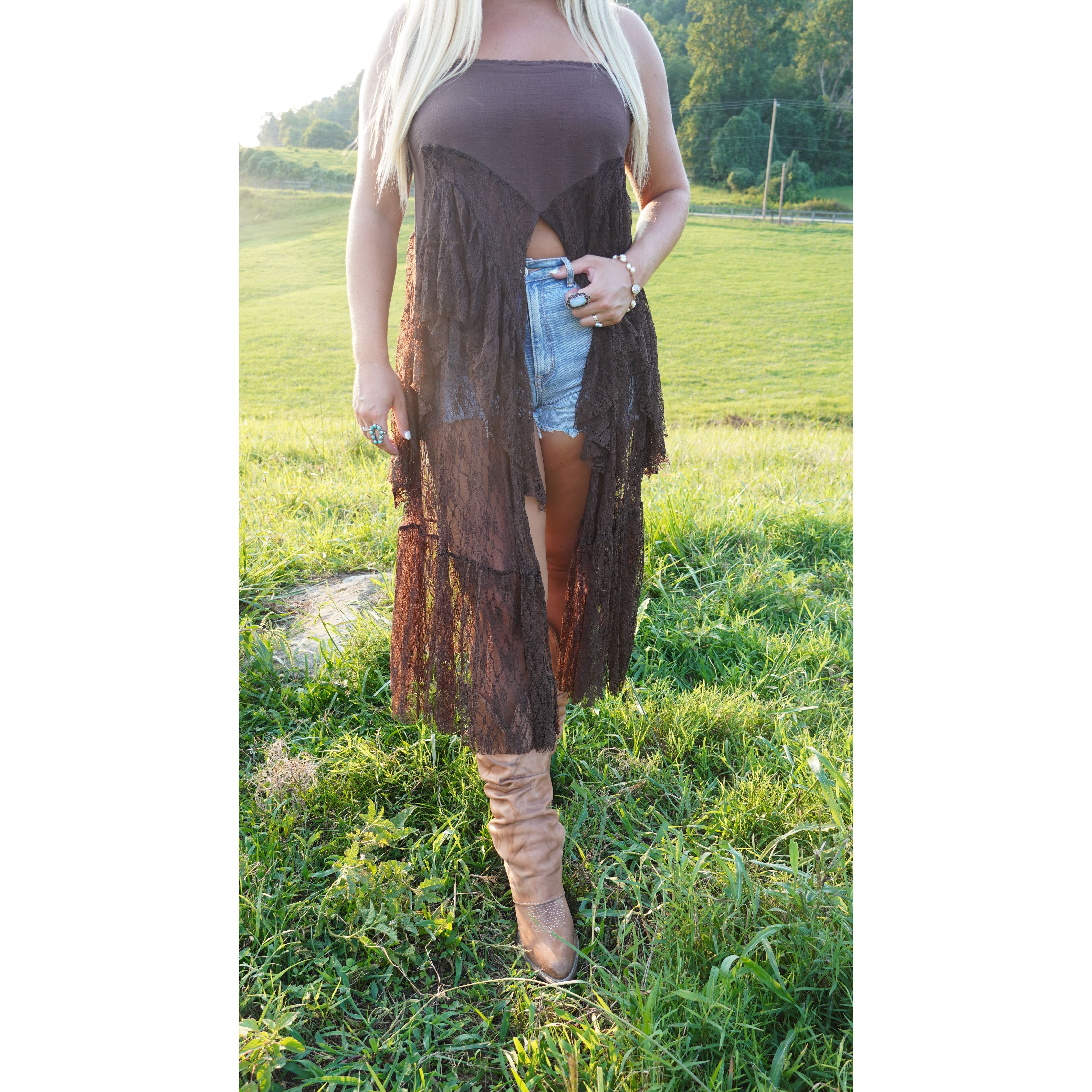 Chocolate Ruffled Lace Flyaway Maxi Cami Top