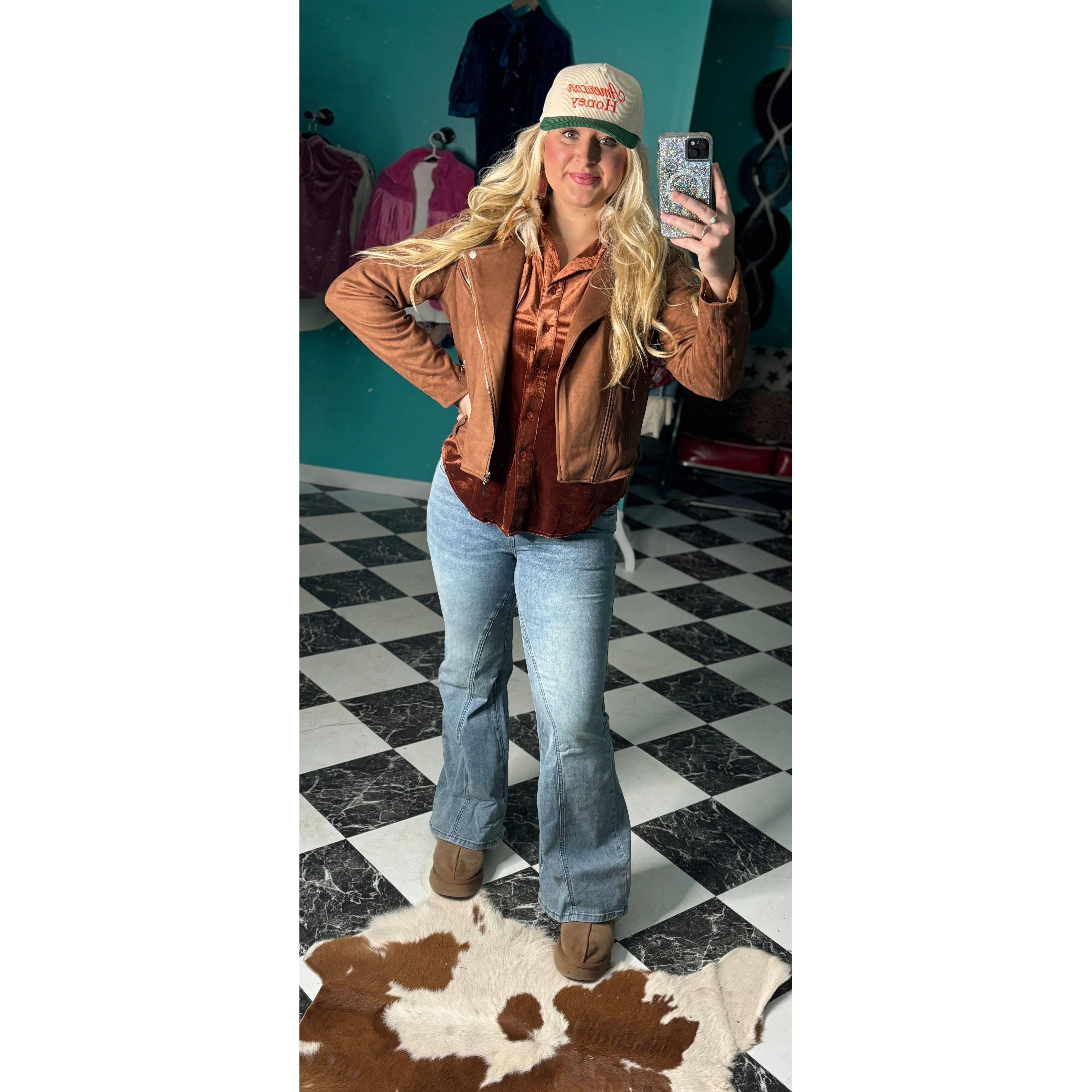 Rusted Velvet Button Top