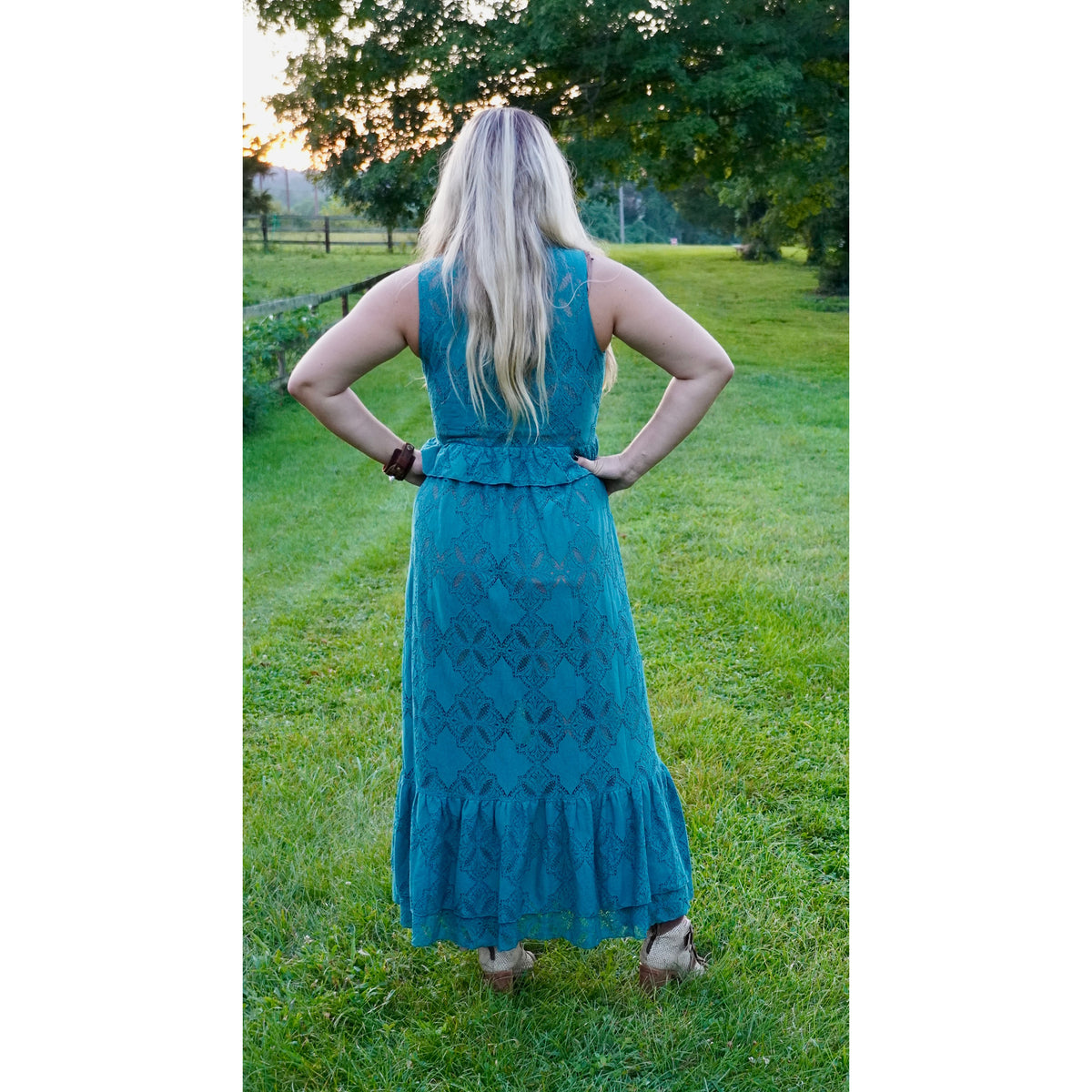 Teal Floral Lace Ruffled Tie Front Maxi Top