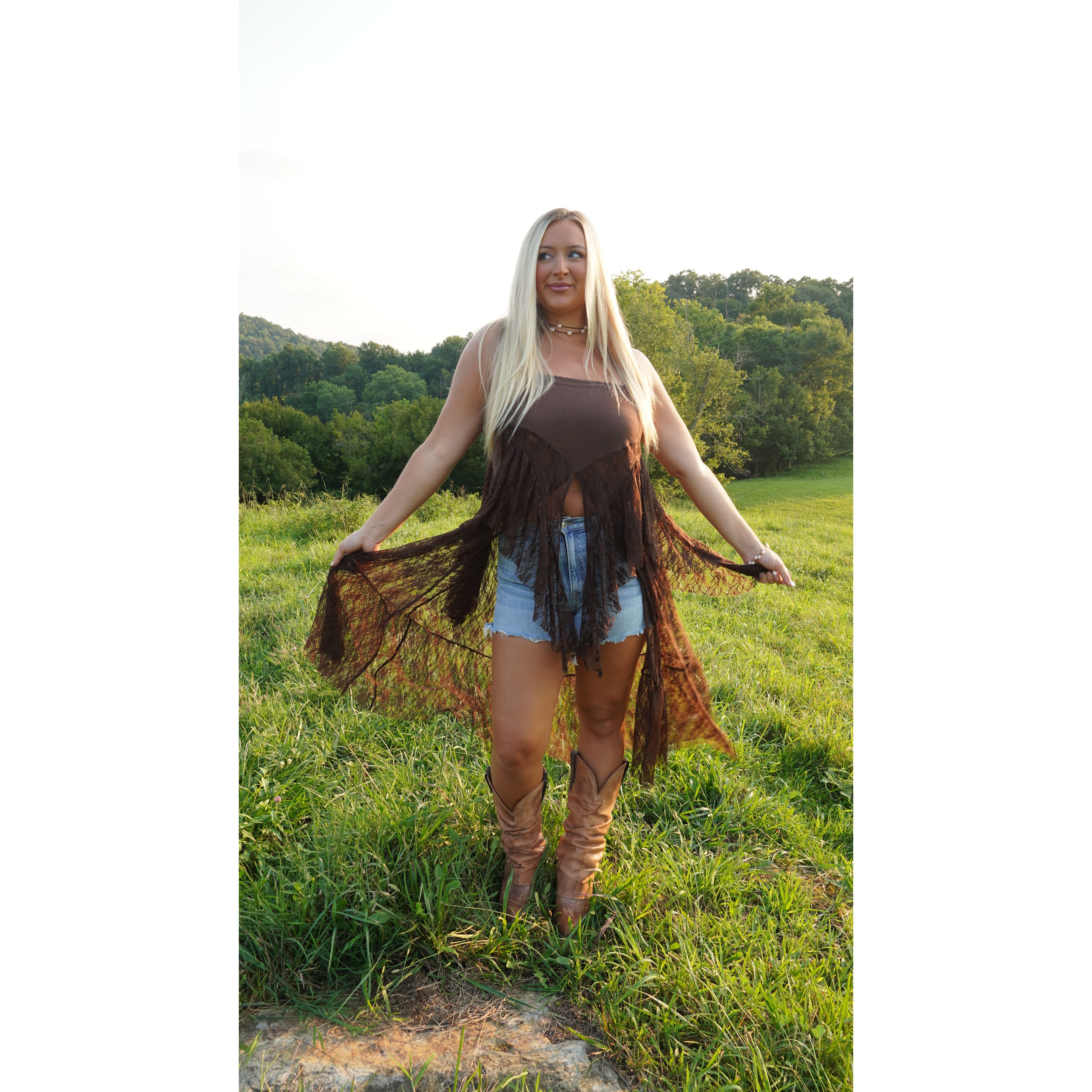 Chocolate Ruffled Lace Flyaway Maxi Cami Top