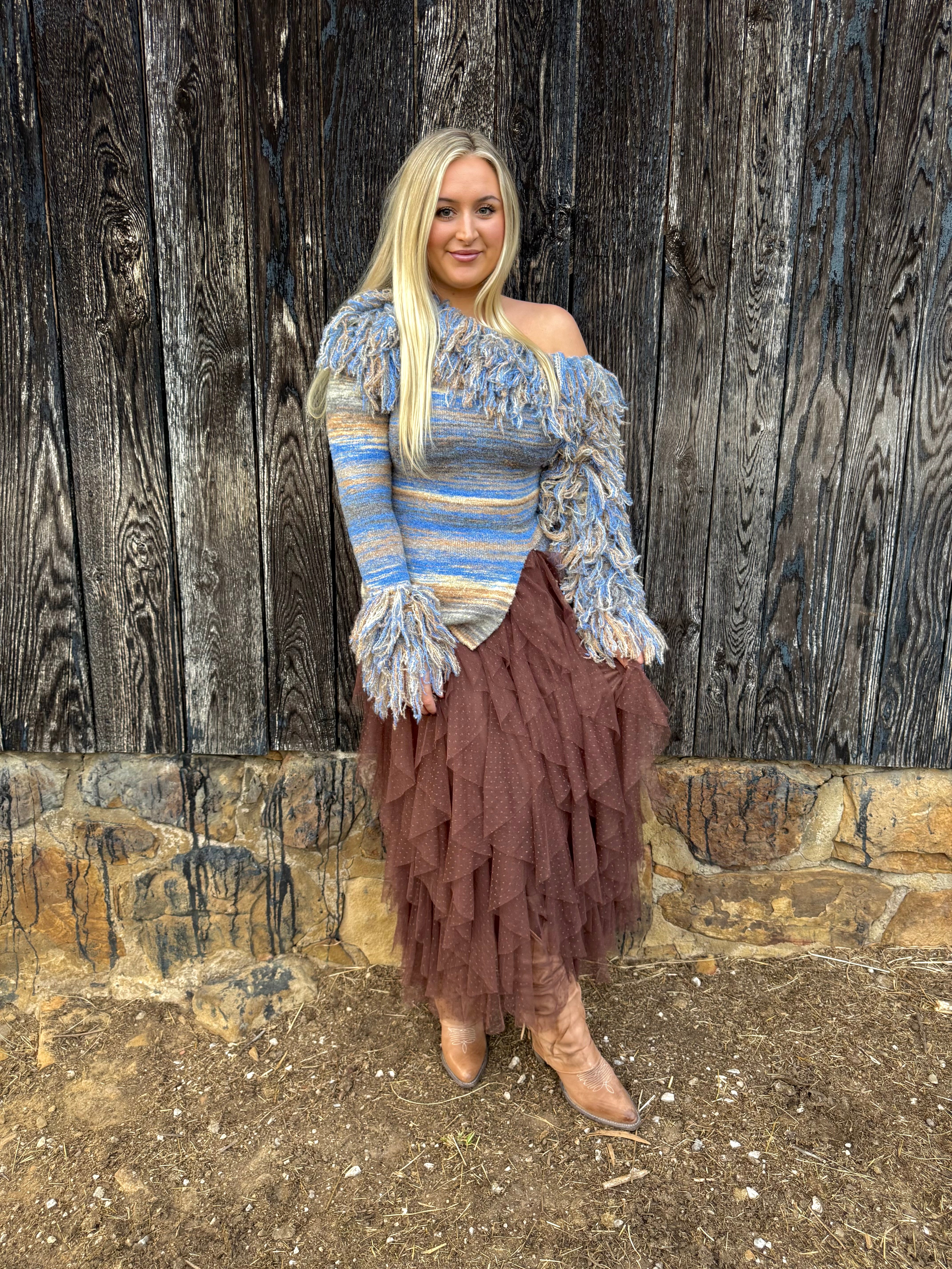Fringe Horizon Off Shoulder Sweater
