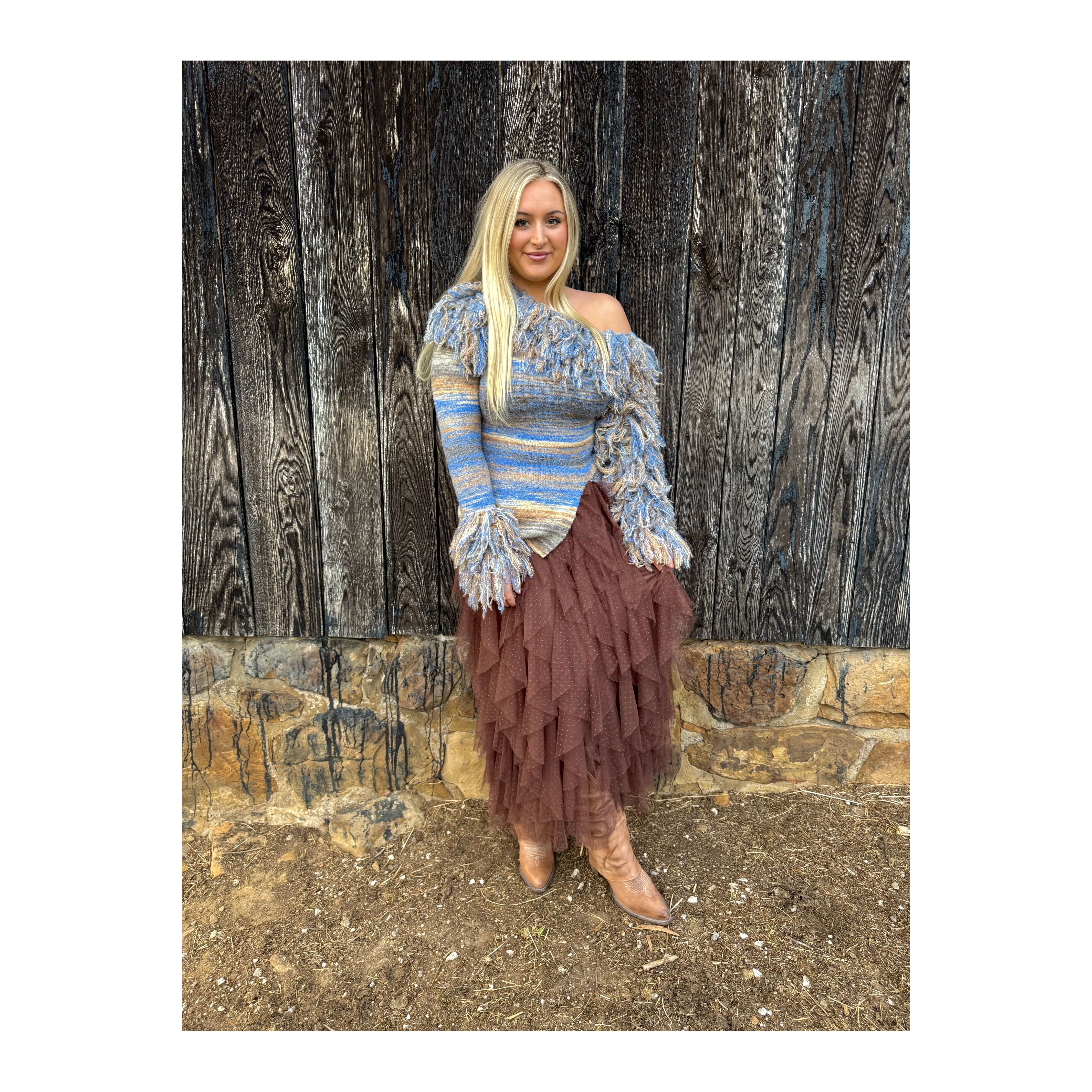Fringe Horizon Off Shoulder Sweater