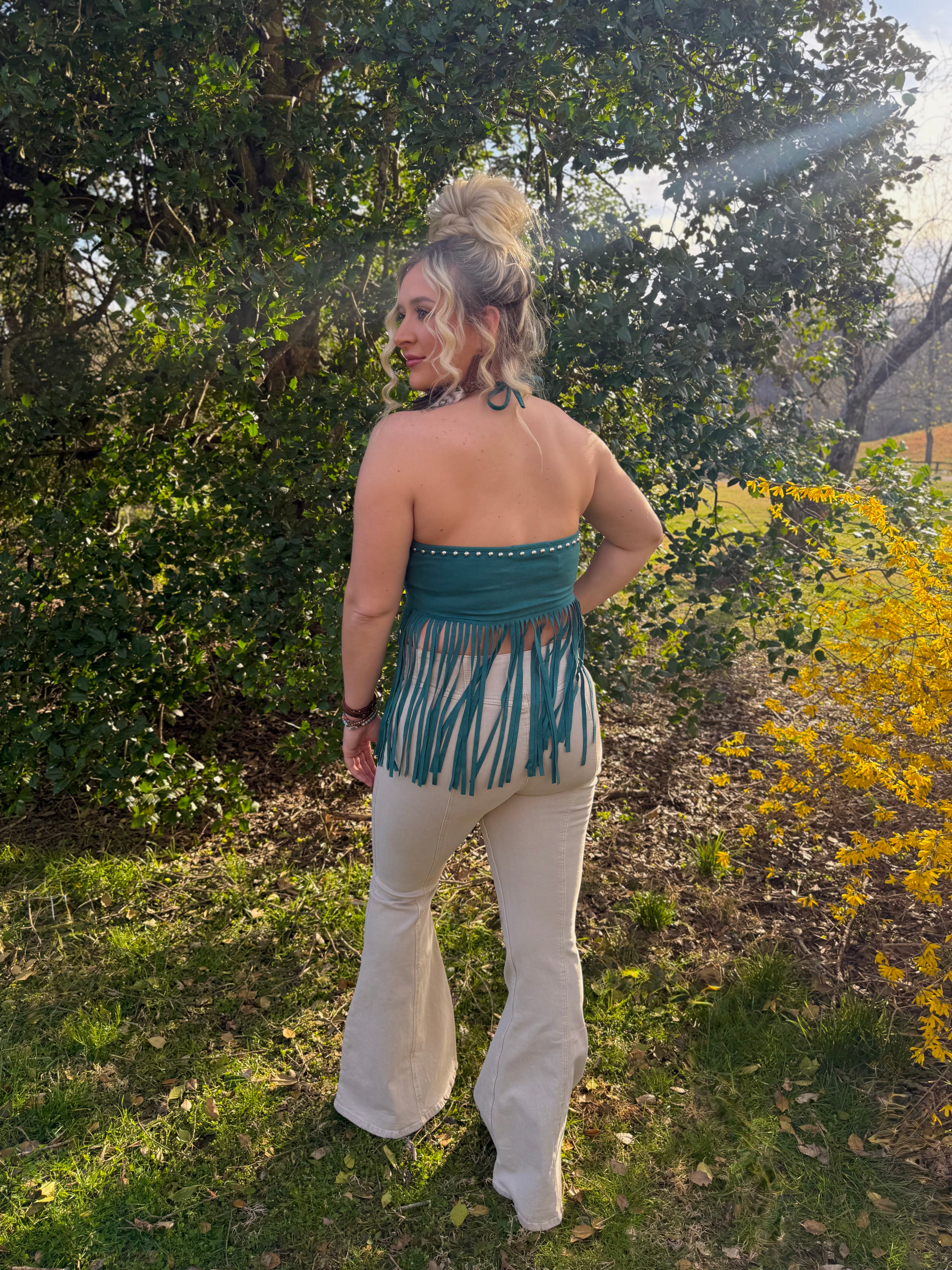 LUCKY & BLESSED Fringe Suede Halter Top