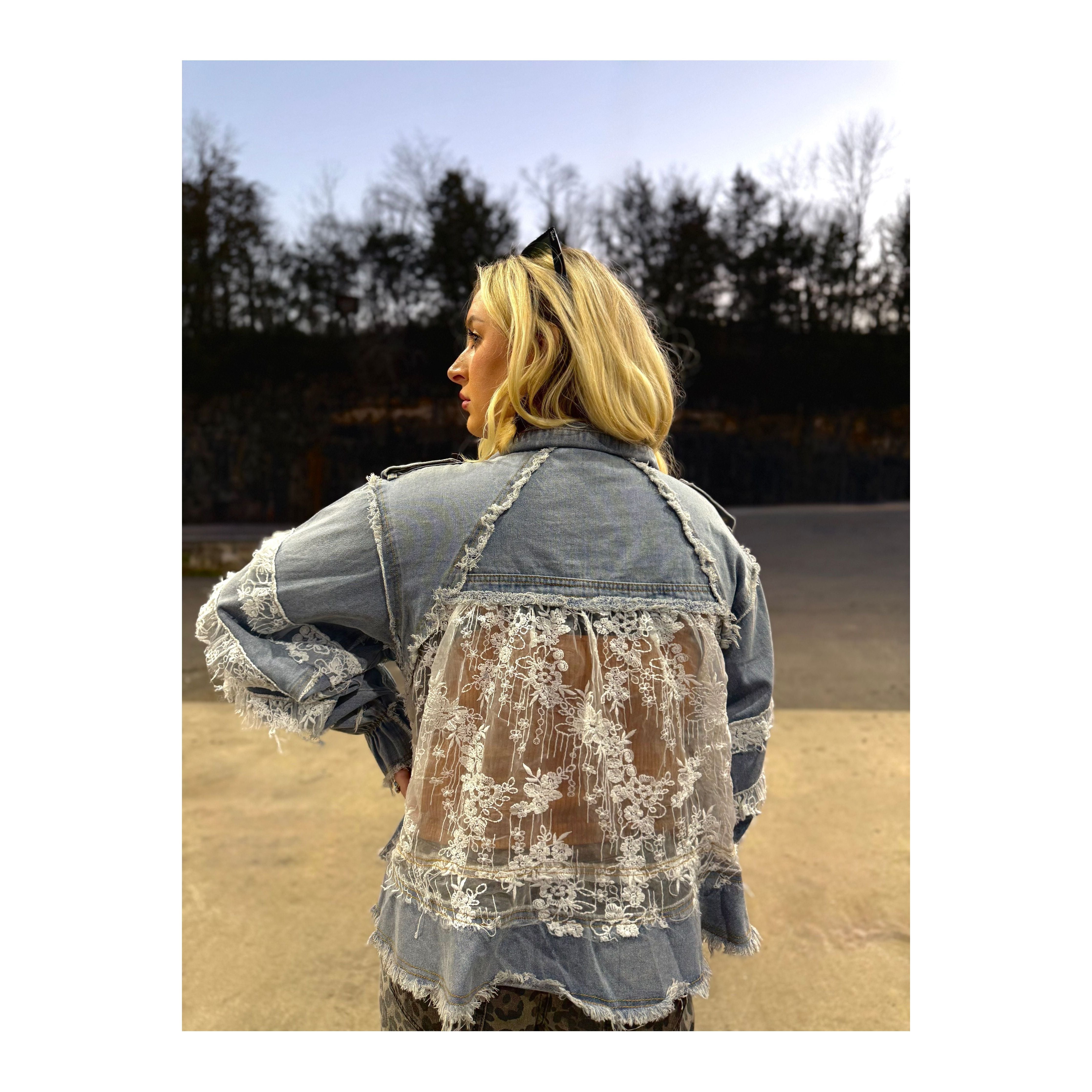 POL: Lainey Lace Trim Ruffle Denim Jacket