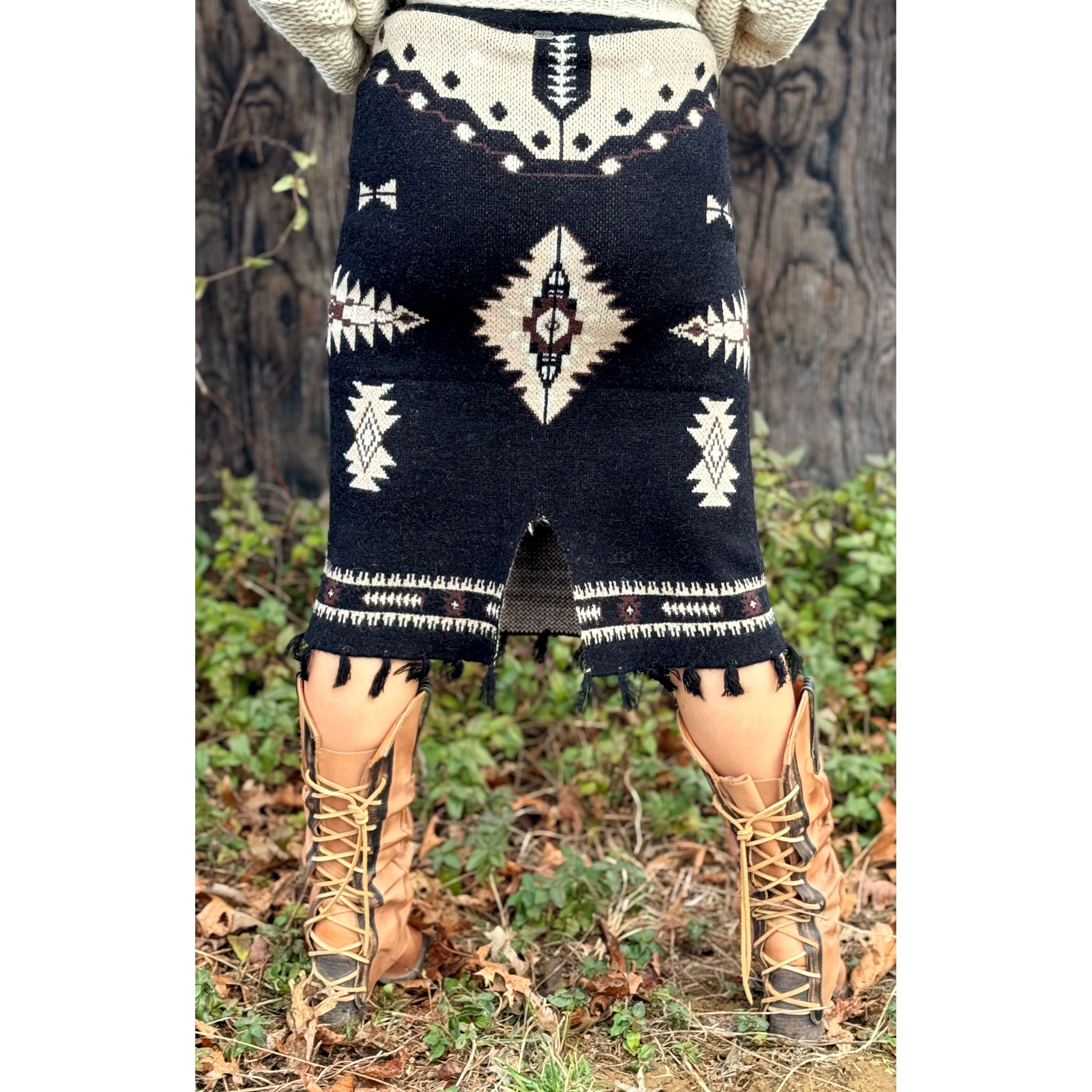 Black Aztec Sweater Fringe Back Slit Skirt