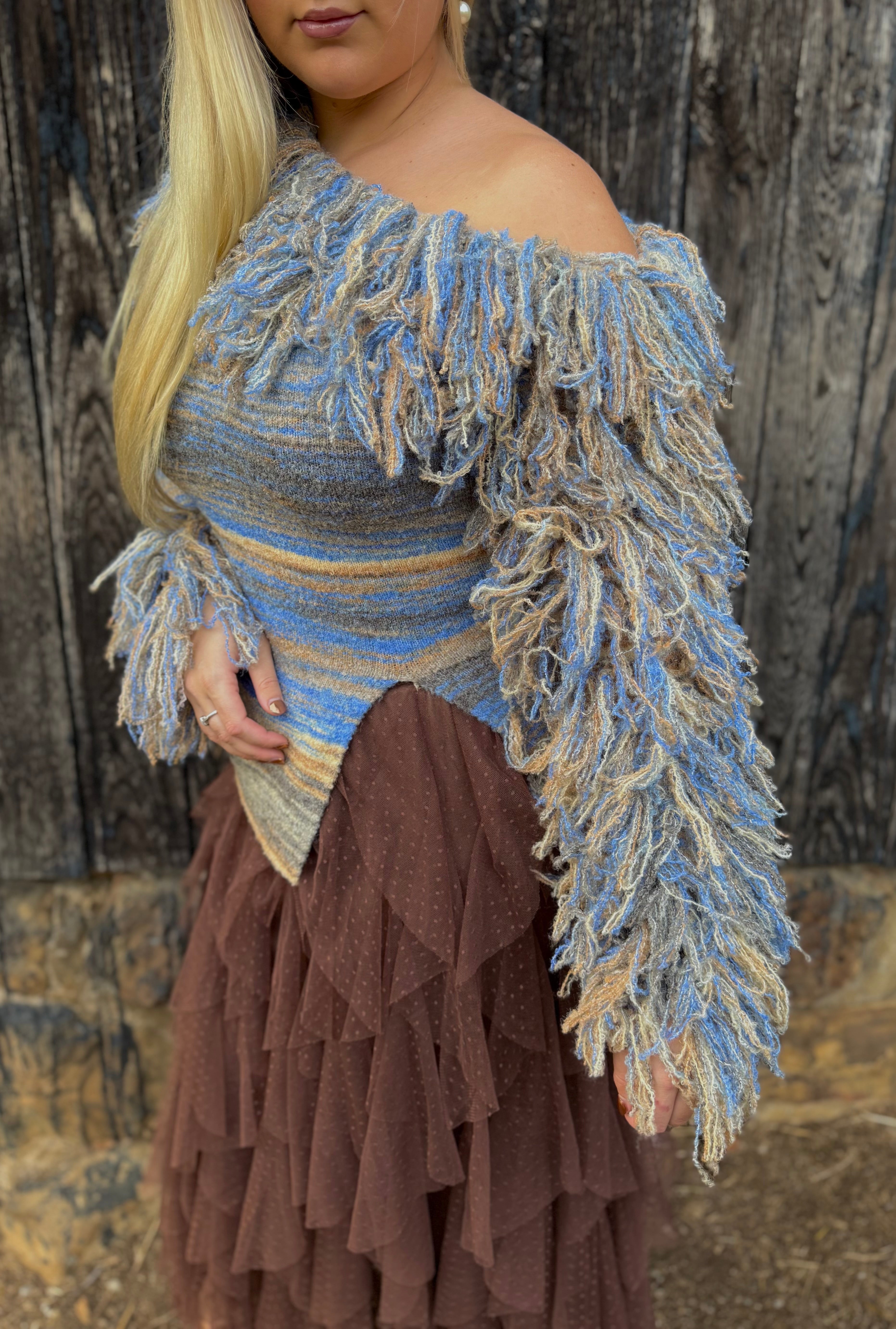 Fringe Horizon Off Shoulder Sweater