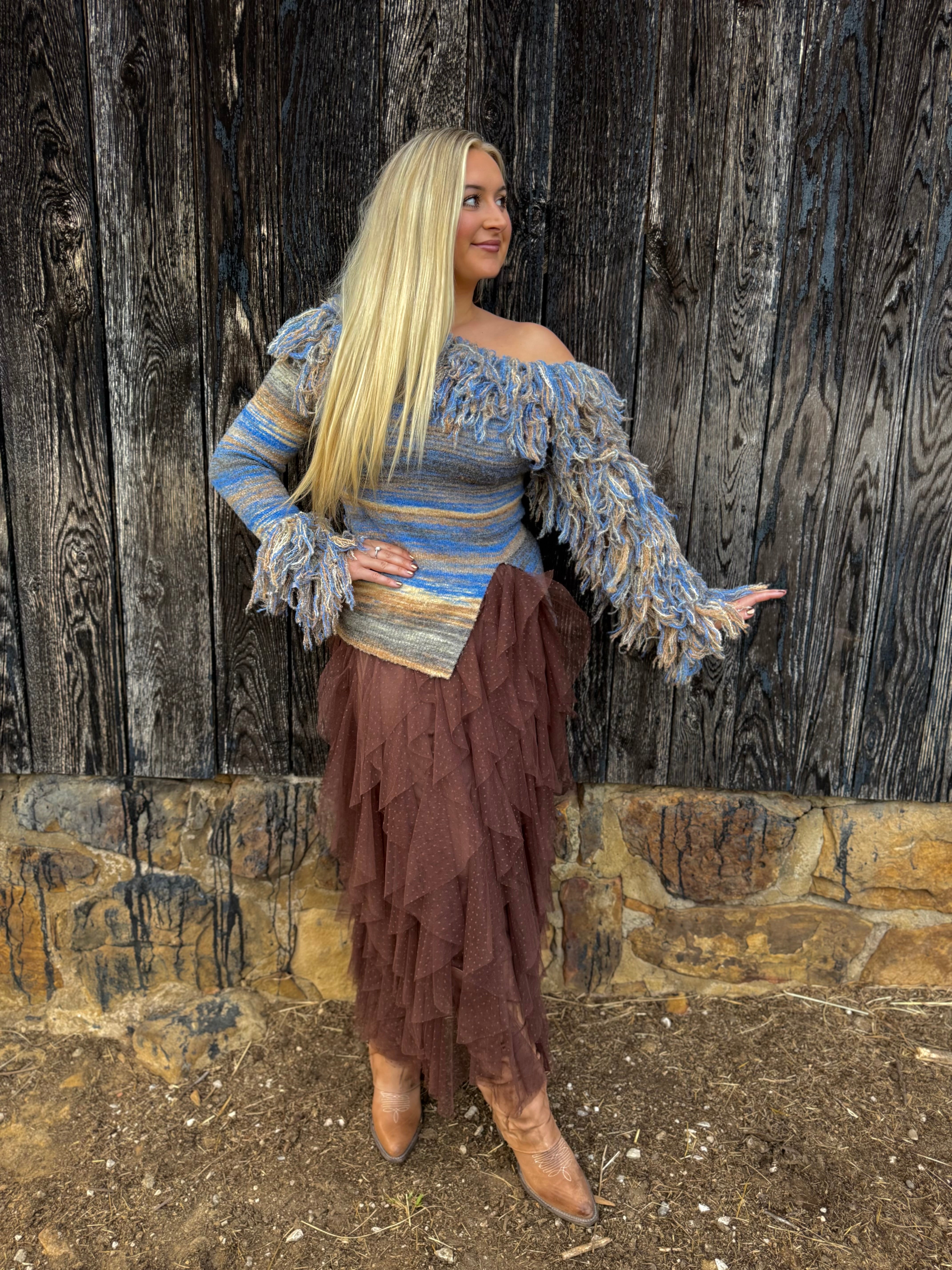 Fringe Horizon Off Shoulder Sweater