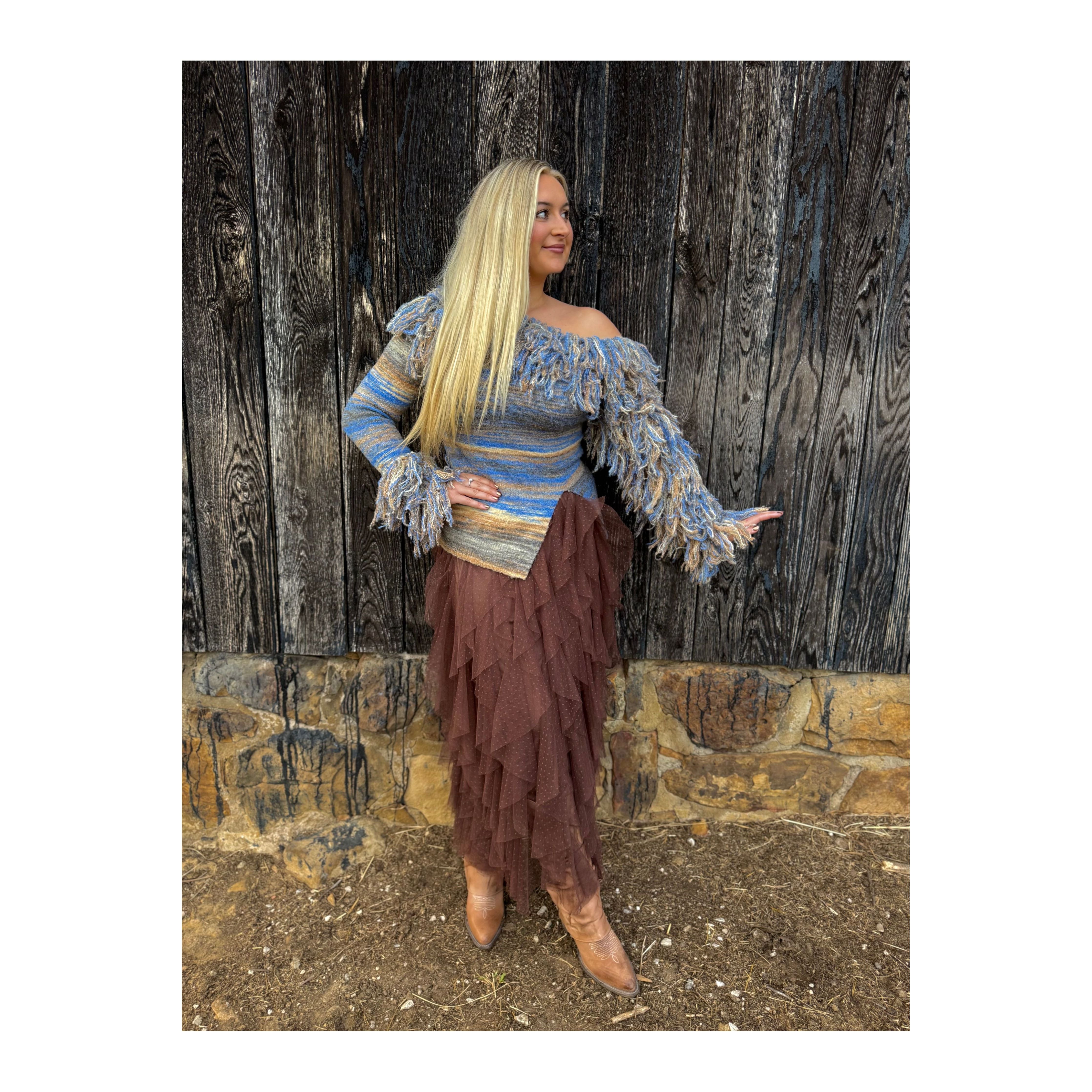 Fringe Horizon Off Shoulder Sweater