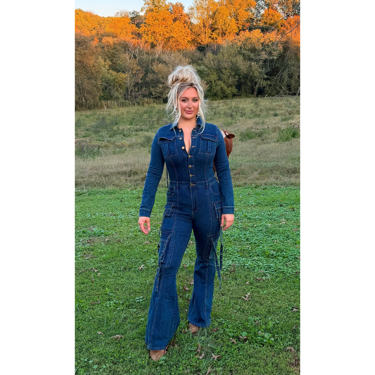 Denim flare long sleeve jumpsuit