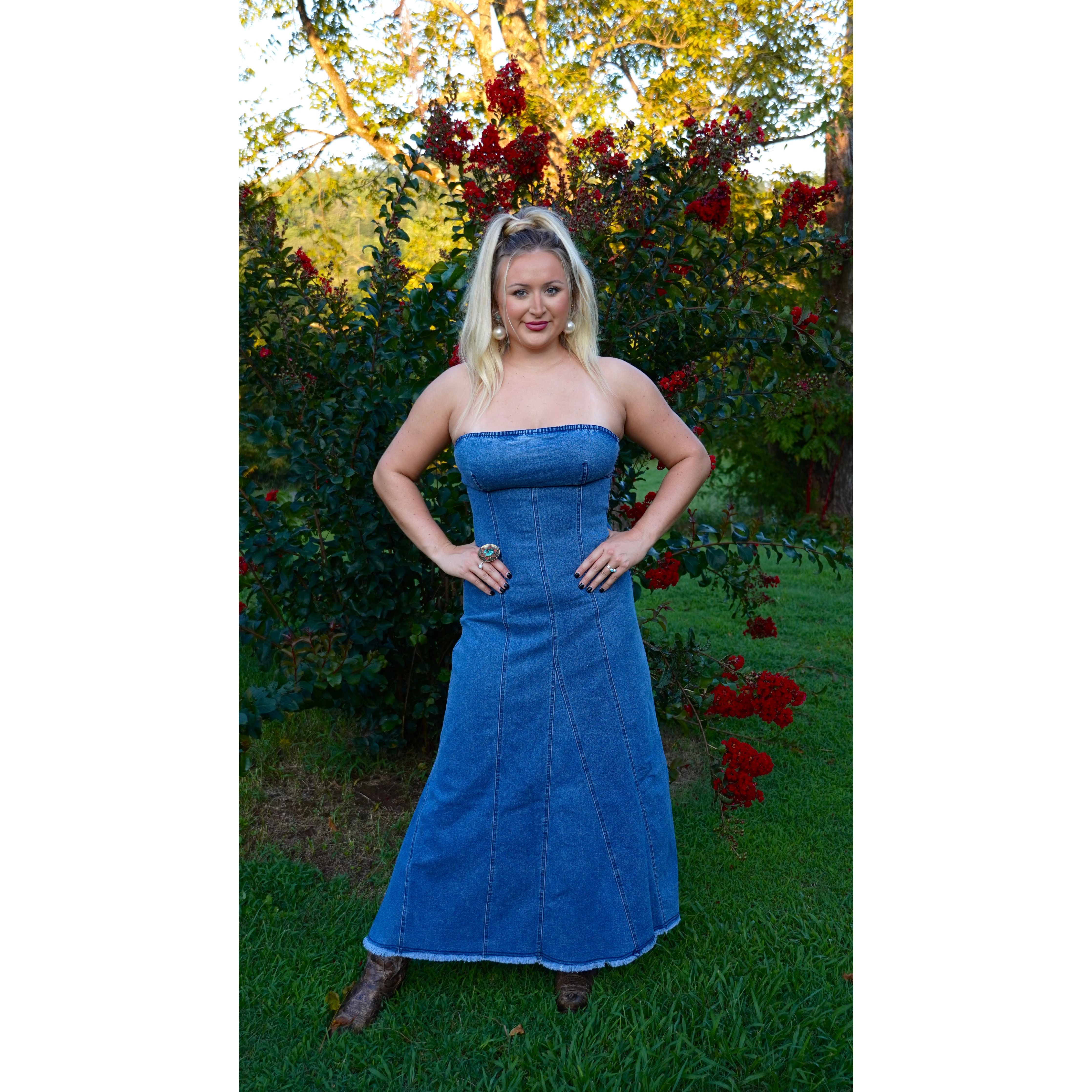 Strapless Denim Raw-Edge Flare Dress