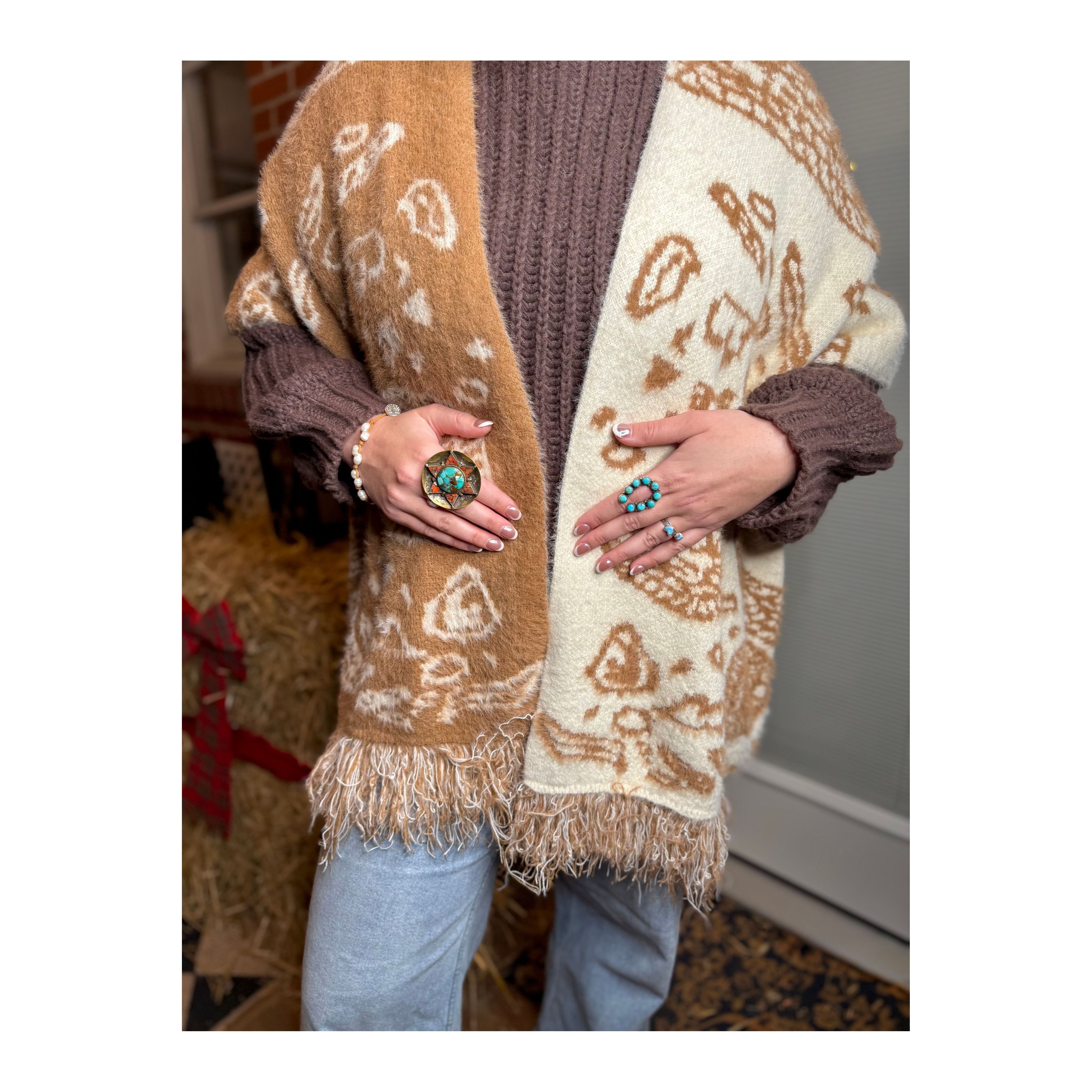 POL: Mocha Paisley Poncho Cardigan Sweater