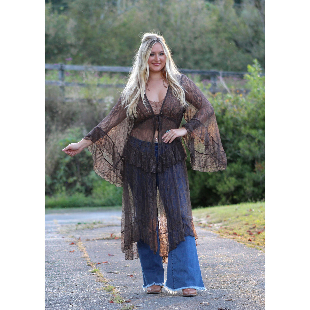 Chocolate brown lace Tie- Waist Duster