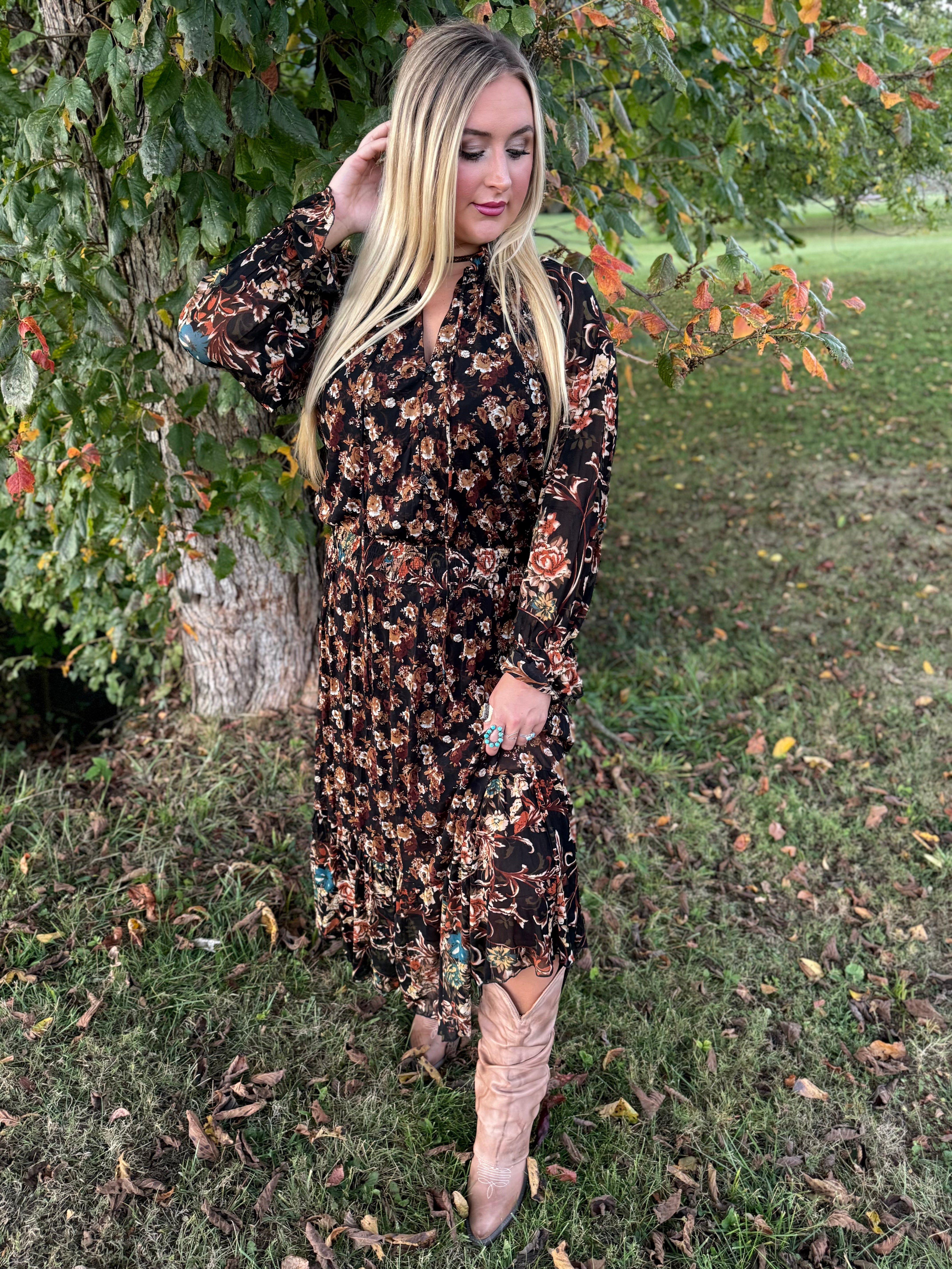 Black Floral Ruffle Maxi Dress